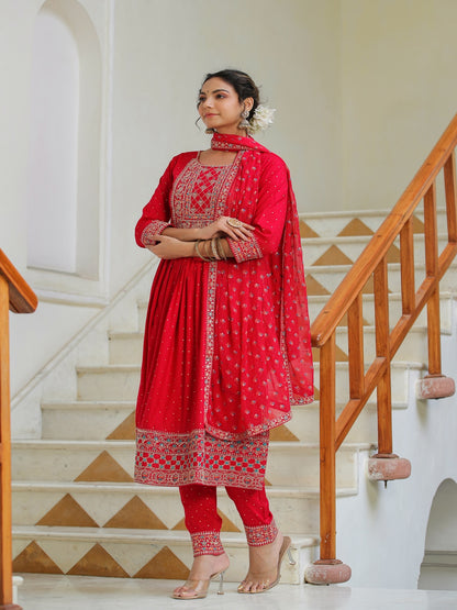 Red Scarlet Rayon Embroidered Suit Set