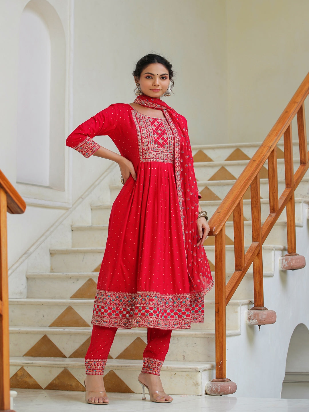 Red Scarlet Rayon Embroidered Suit Set