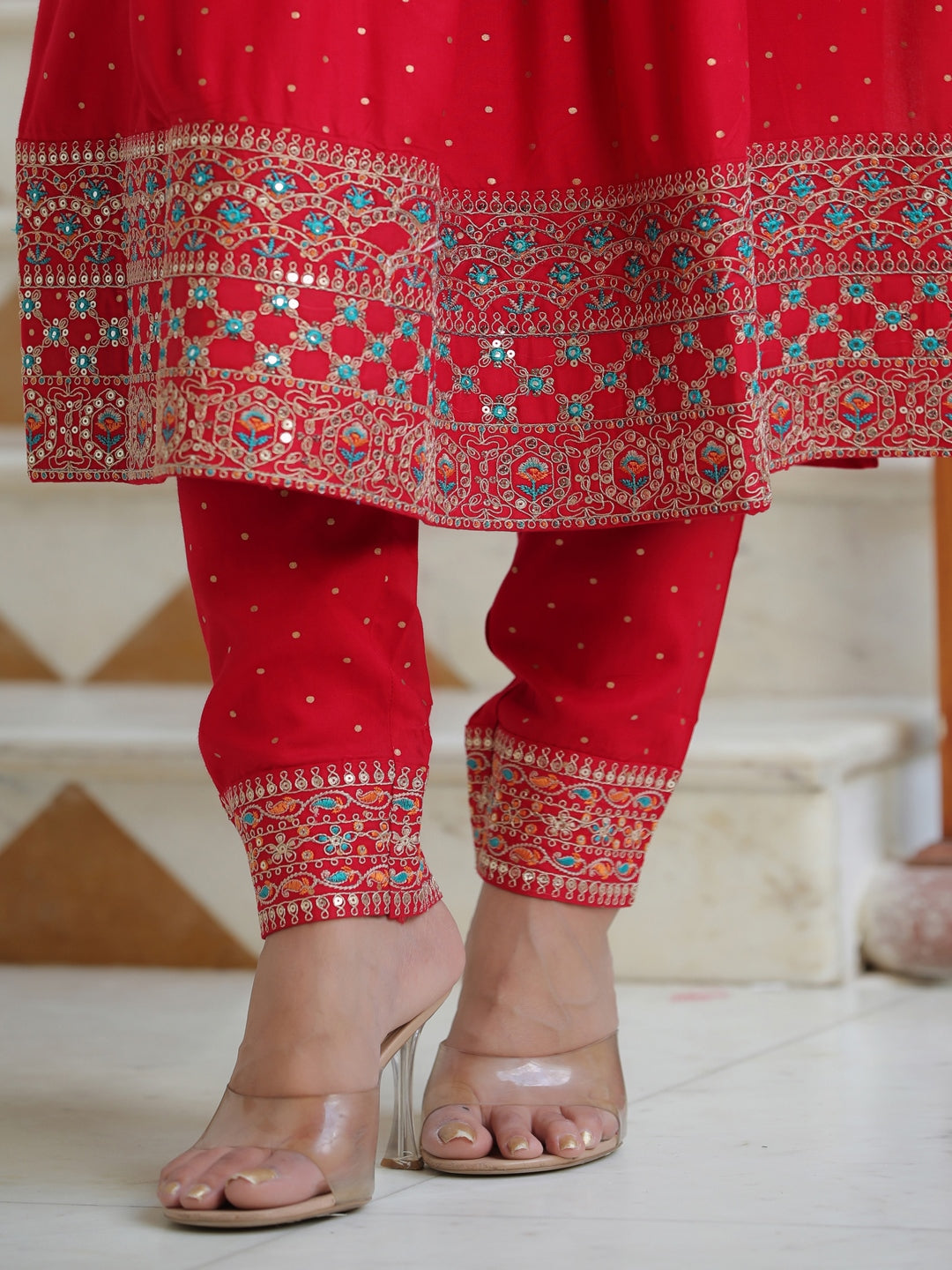 Red Scarlet Rayon Embroidered Suit Set