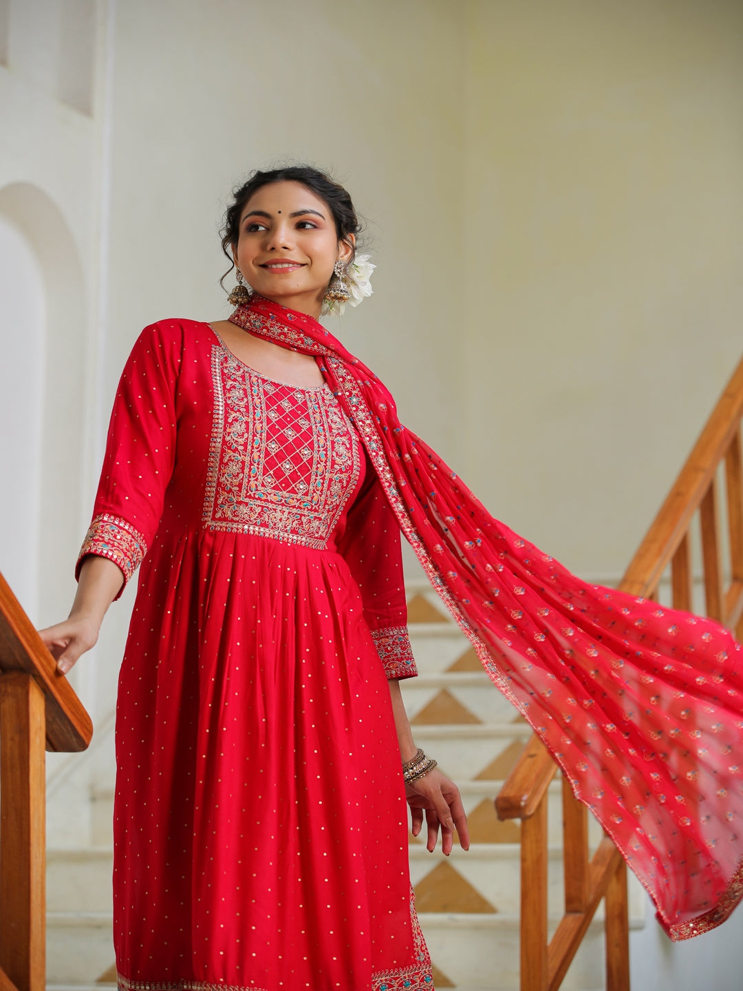 Red Scarlet Rayon Embroidered Suit Set