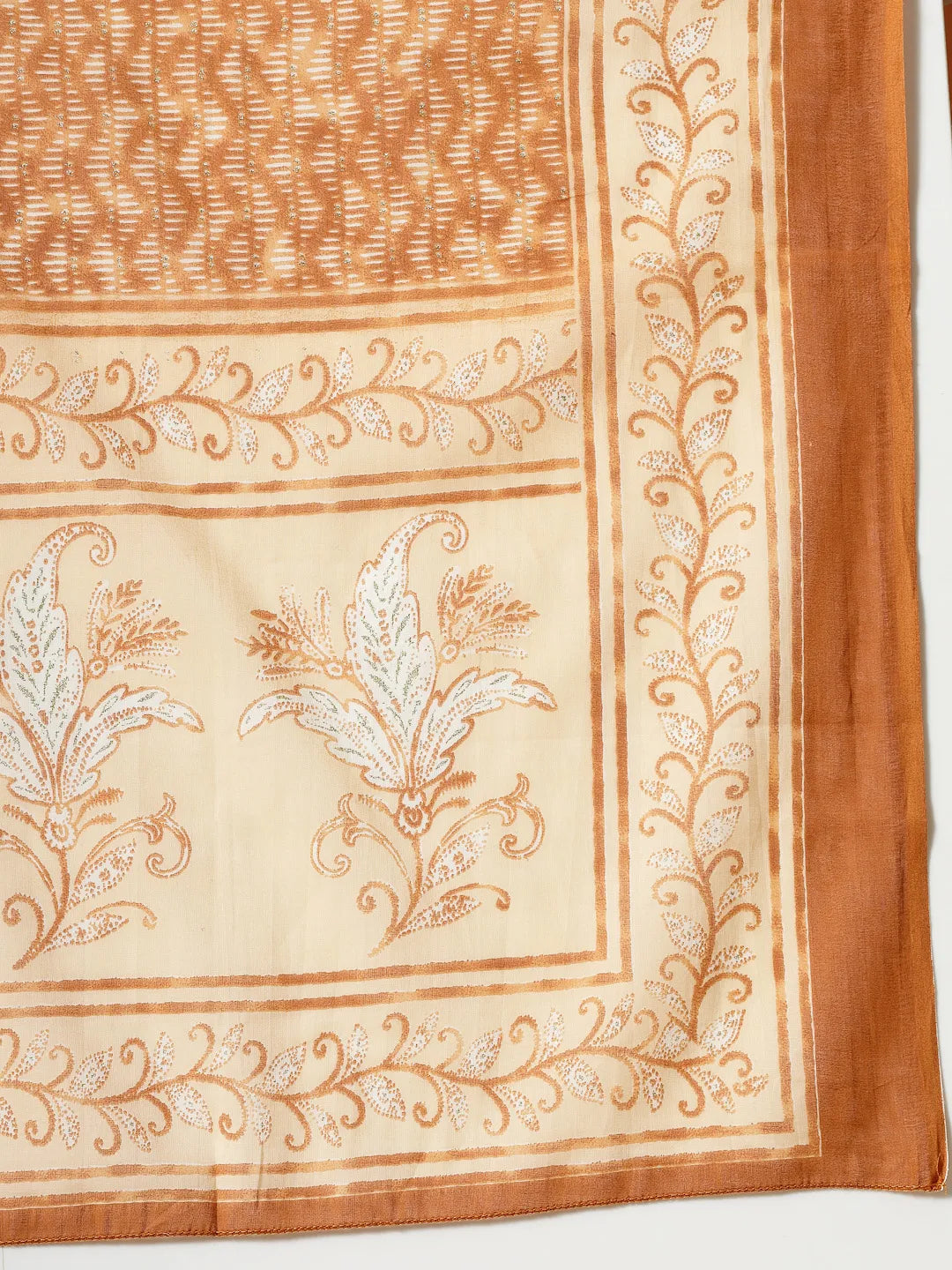 Rust Pure Cotton Paisley Thread Work Kurta Dupatta Pant Set