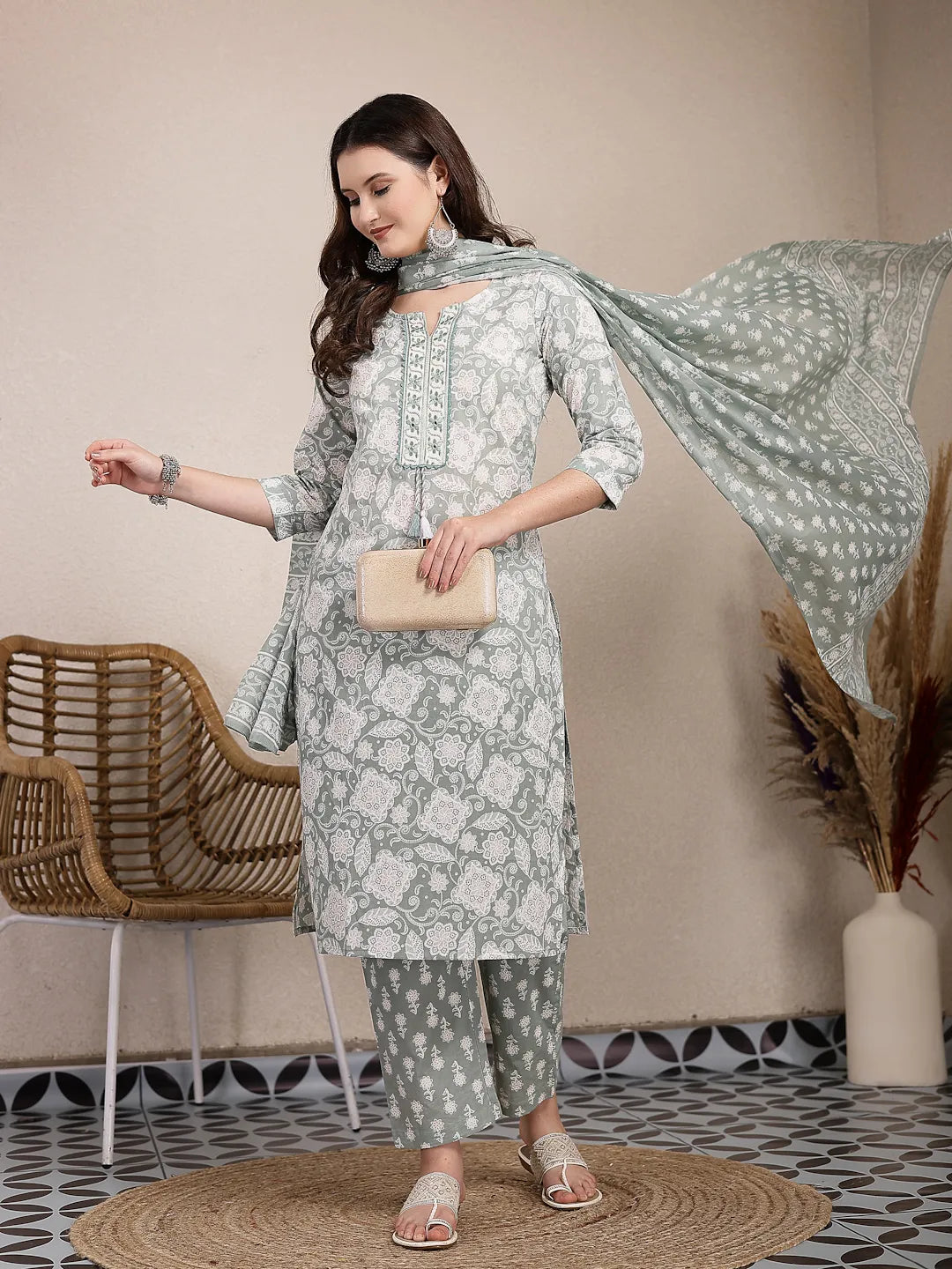 Sea Green Ethnic Motifs Print Straight Kurta Trouser Dupatta Set