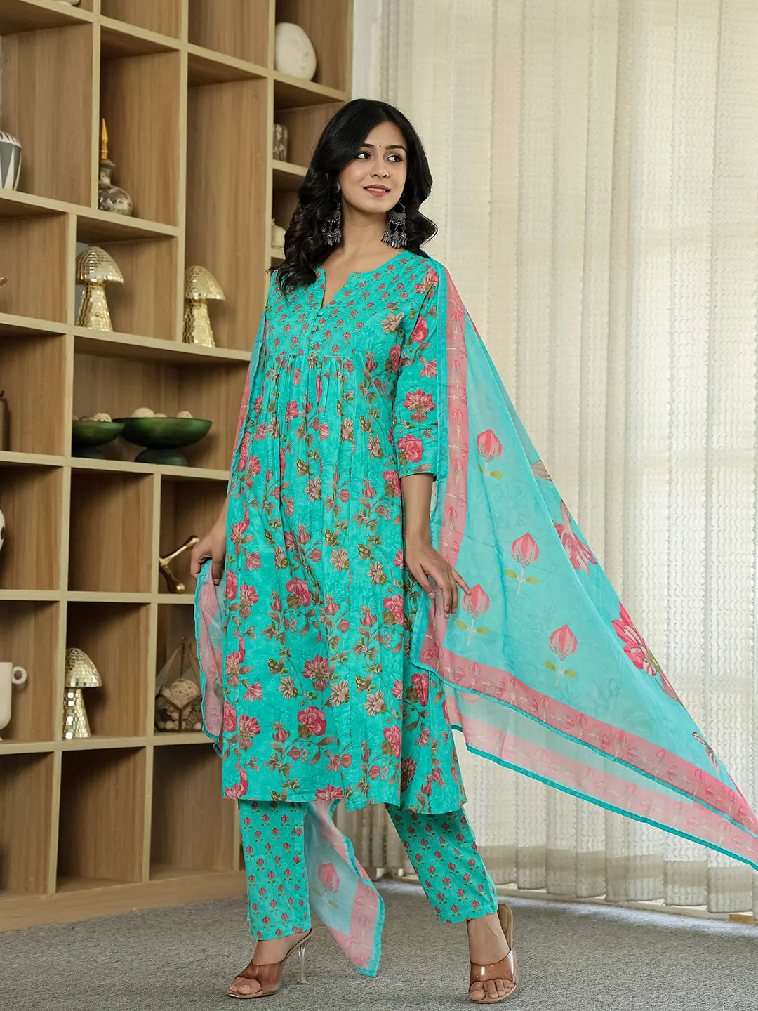 Sea Green Floral Print Aline Kurta Trouser Dupatta Set