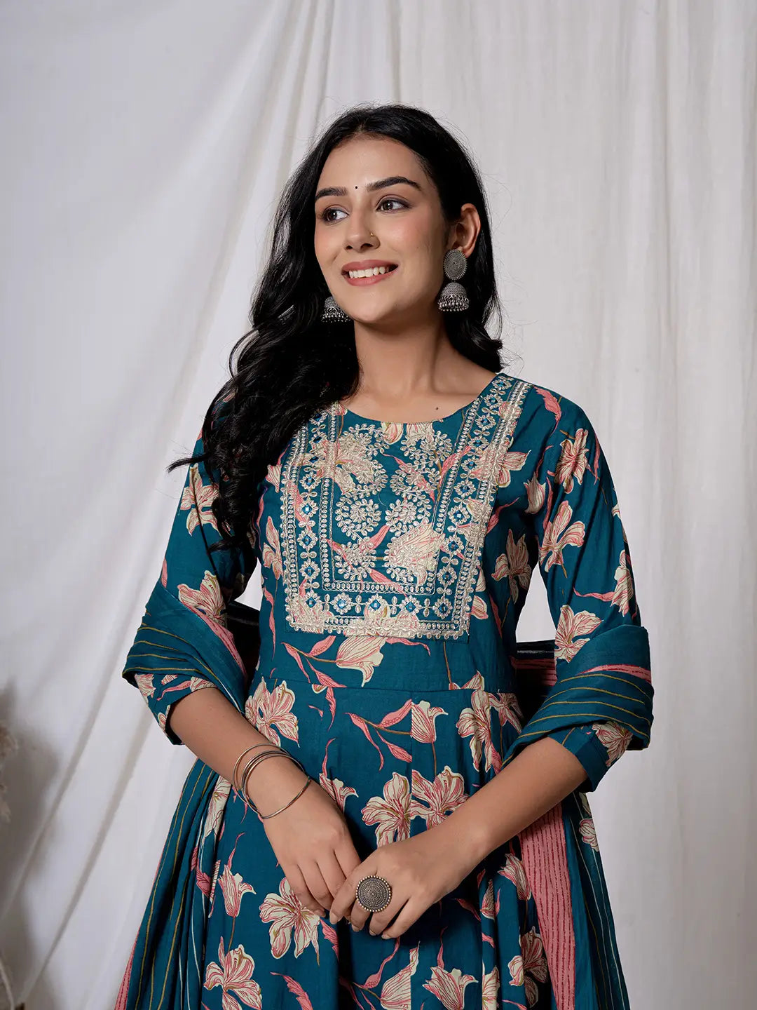 Sea Green Floral Pure Cotton Anarkali Kurta And Trouser With Dupatta Set