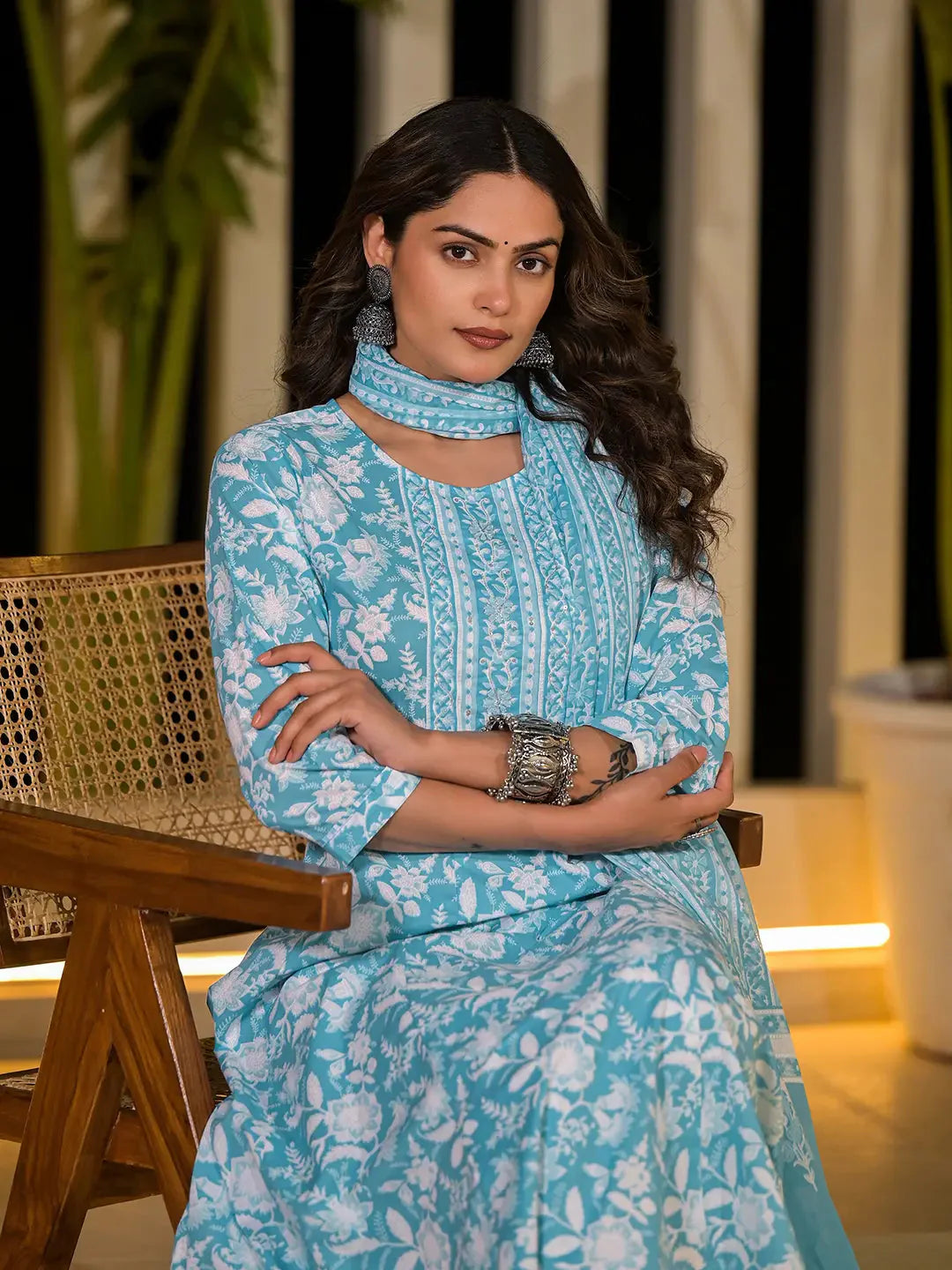 Sky Blue Cotton Anarkali Style Sequins Work Kurta With Trousers And Dupatta Set
