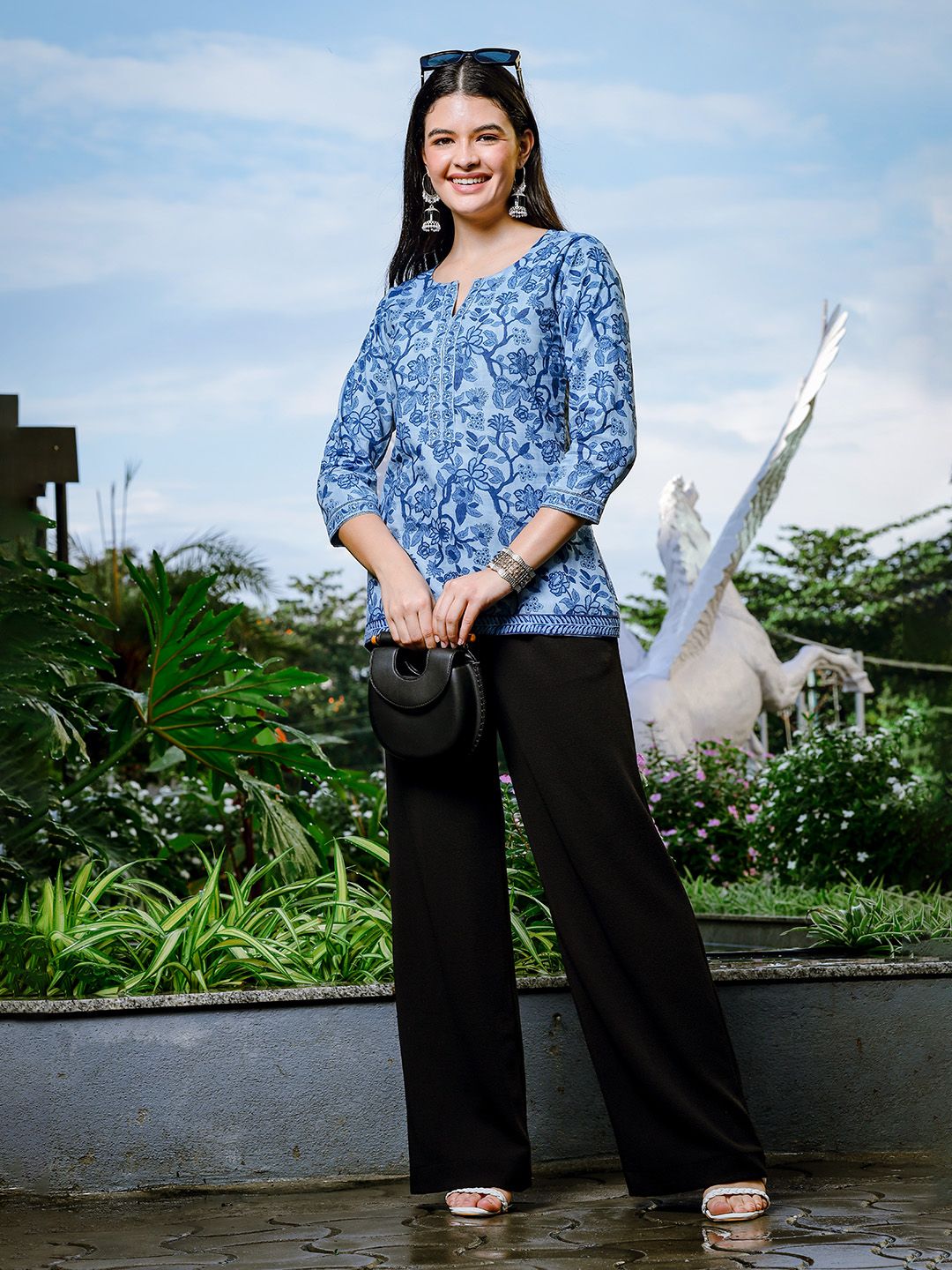 Sky Blue Cotton Floral Print Regular Top