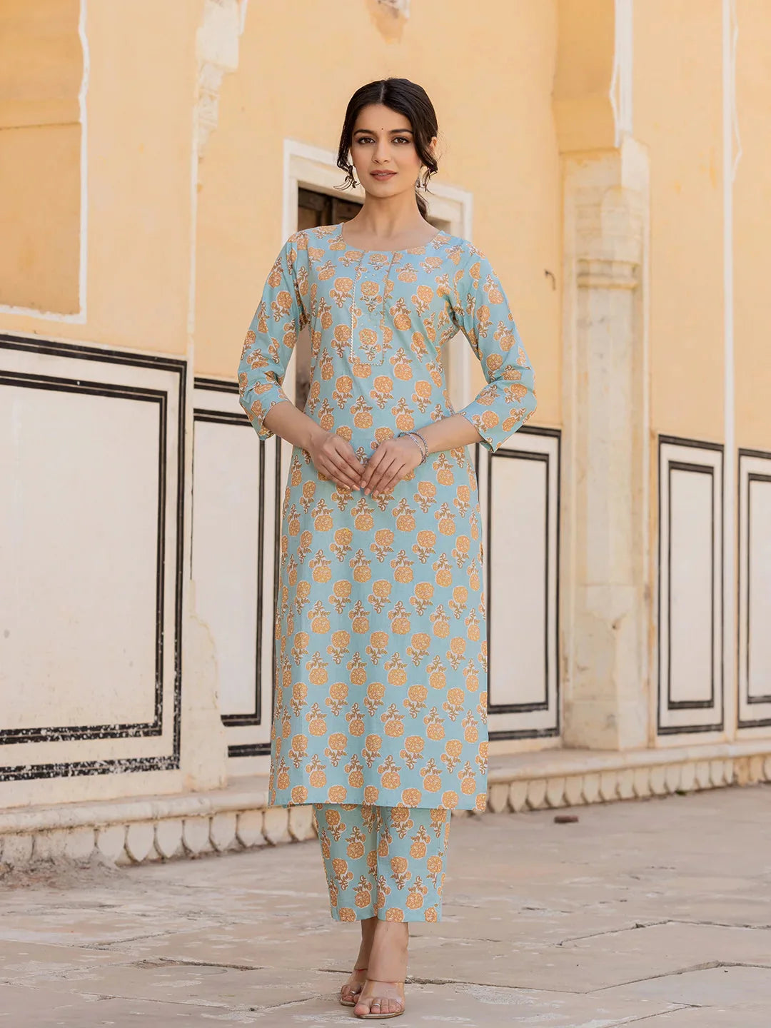 Sky Blue Floral Print Sequins Work Straight Kurta Trouser And Dupatta Set