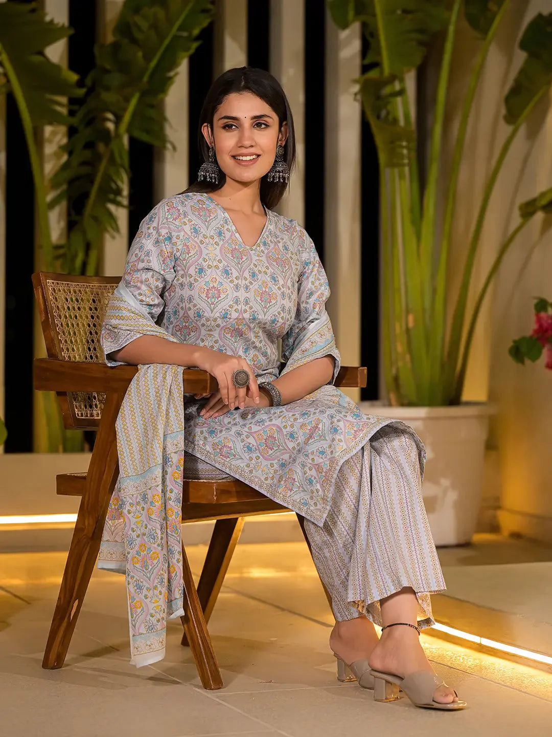 Sky Blue Pure Cotton Floral Print Straight Kurta With Palazzo And Dupatta Set
