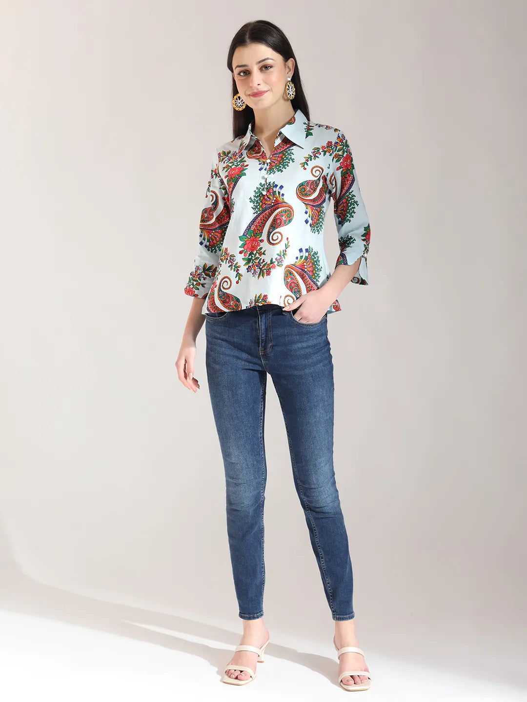 Sky Blue Pure Cotton Paisley Peplum Top