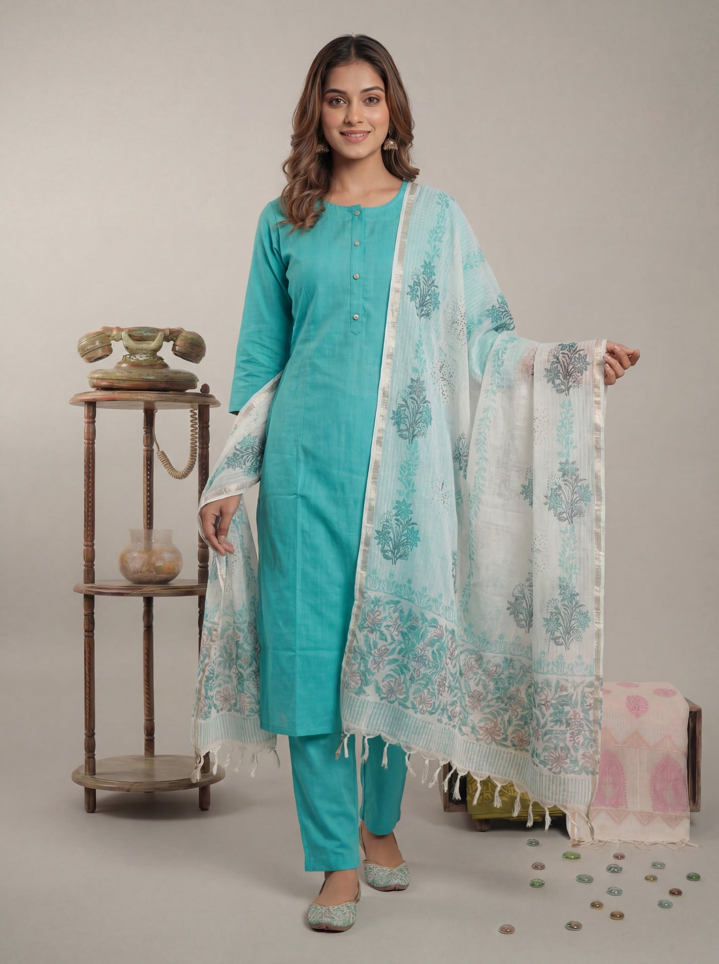 Silk Blend Straight Kurta Pant With Handblock Print Kota Doriya Dupatta Set
