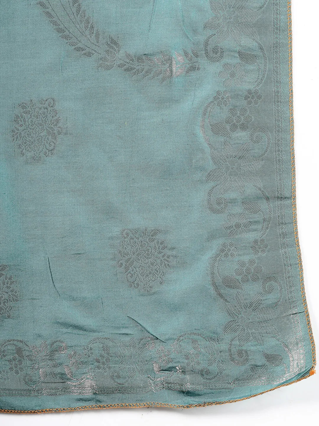 Teal Blue Dori-Embroidery Straight Silk Blend Kurta Trouser Blue And Yellow Dupatta Set
