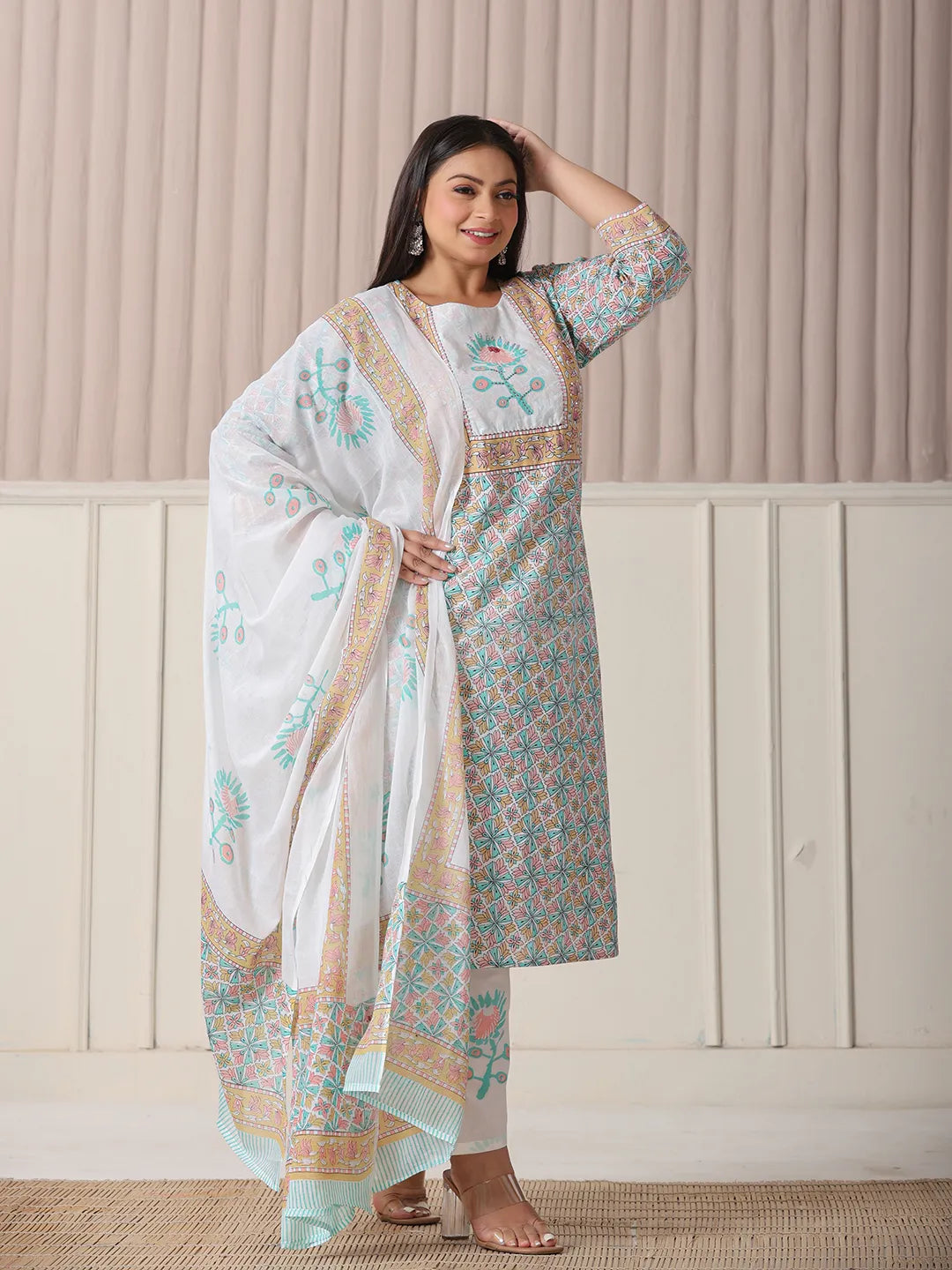 White And Blue Cotton Straight Plus Size Kurta Pant Dupatta Set