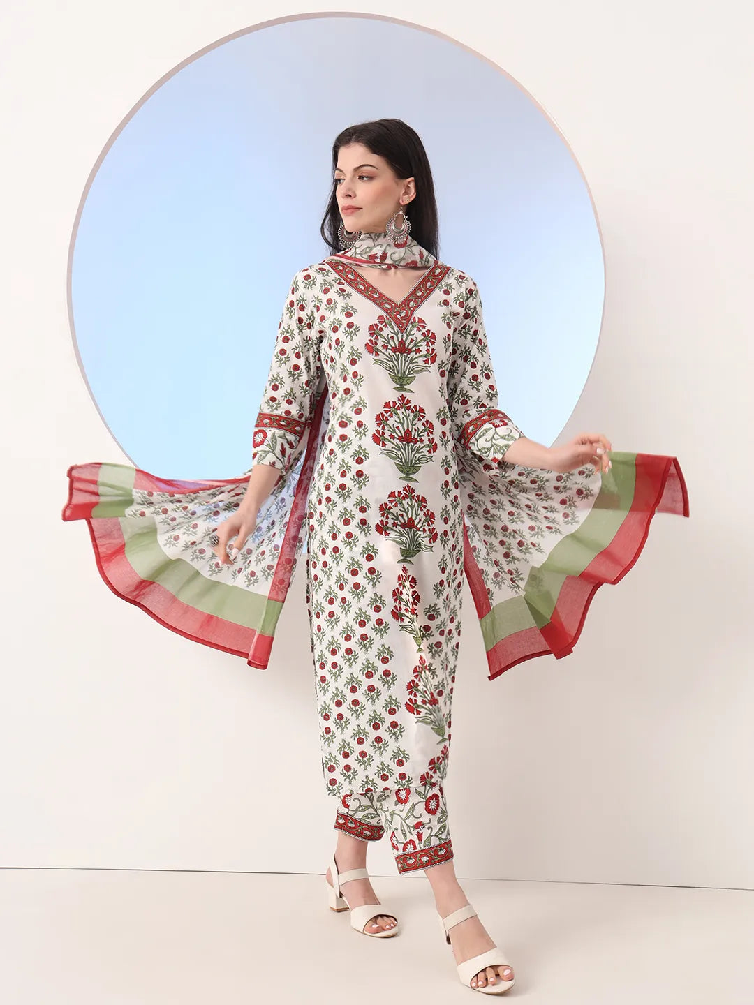 White And Green Cotton Sequins Work Straight Kurta Pant Dupatta Set