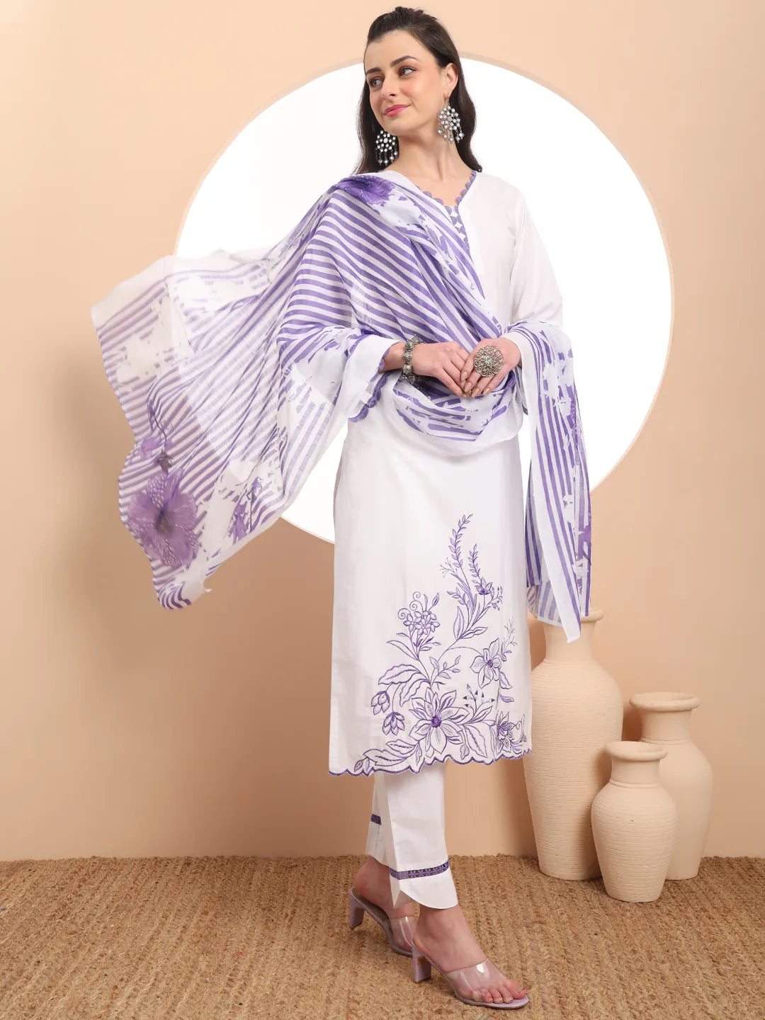 White Chikankari Lace Work Straight Kurta Trouser Dupatta Set