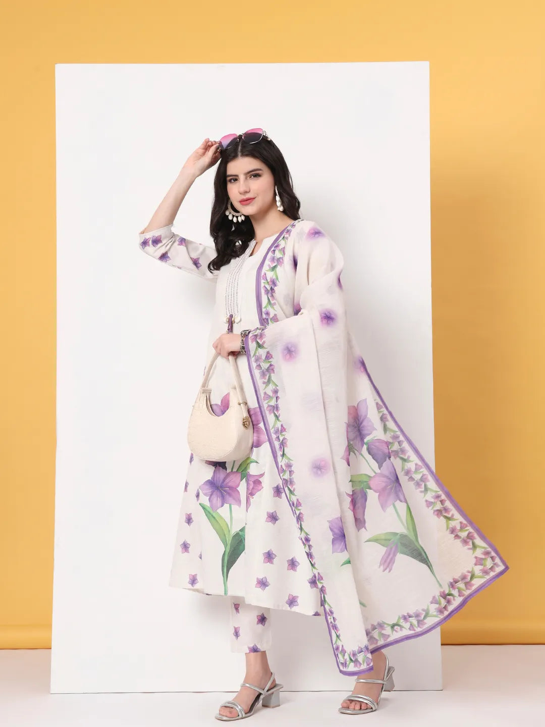 White Linen Cotton A Line Kurta Dupatta Pant Set