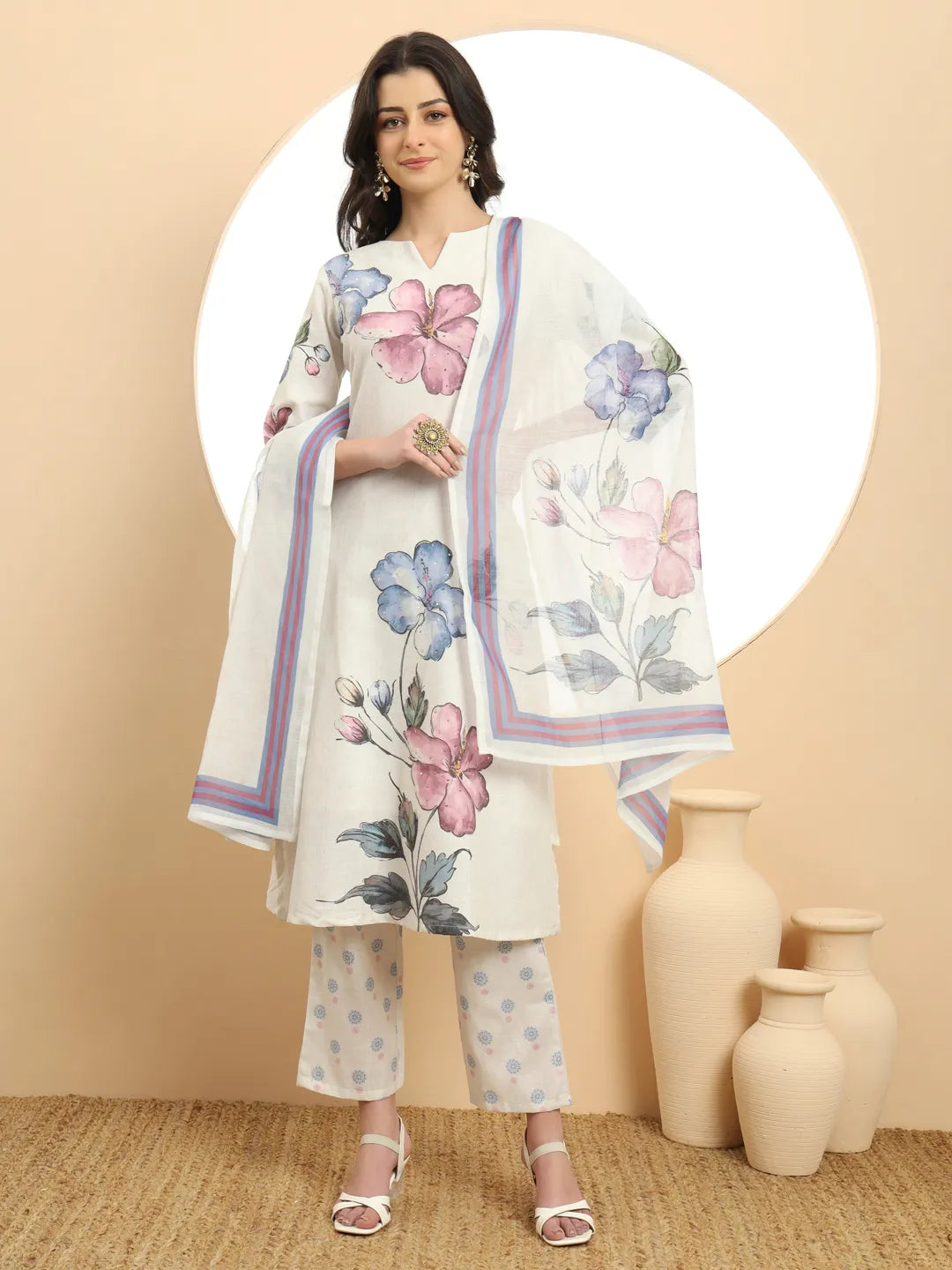White Linen Cotton Floral Sequins Work A-Line Kurta Dupatta Set