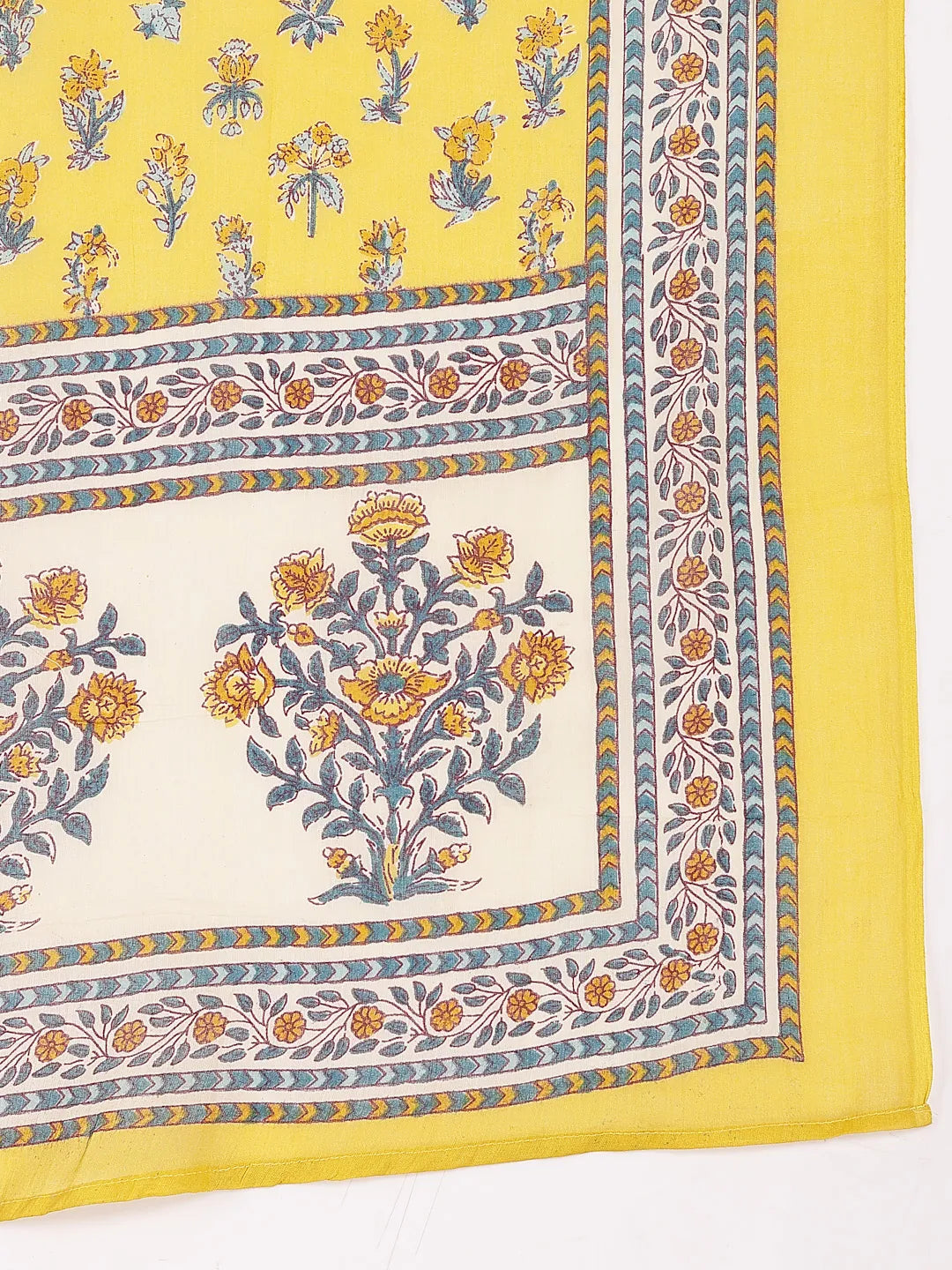 Yellow And Beige Pure Cotton Floral Print Tiered Kurta Dupatta Set