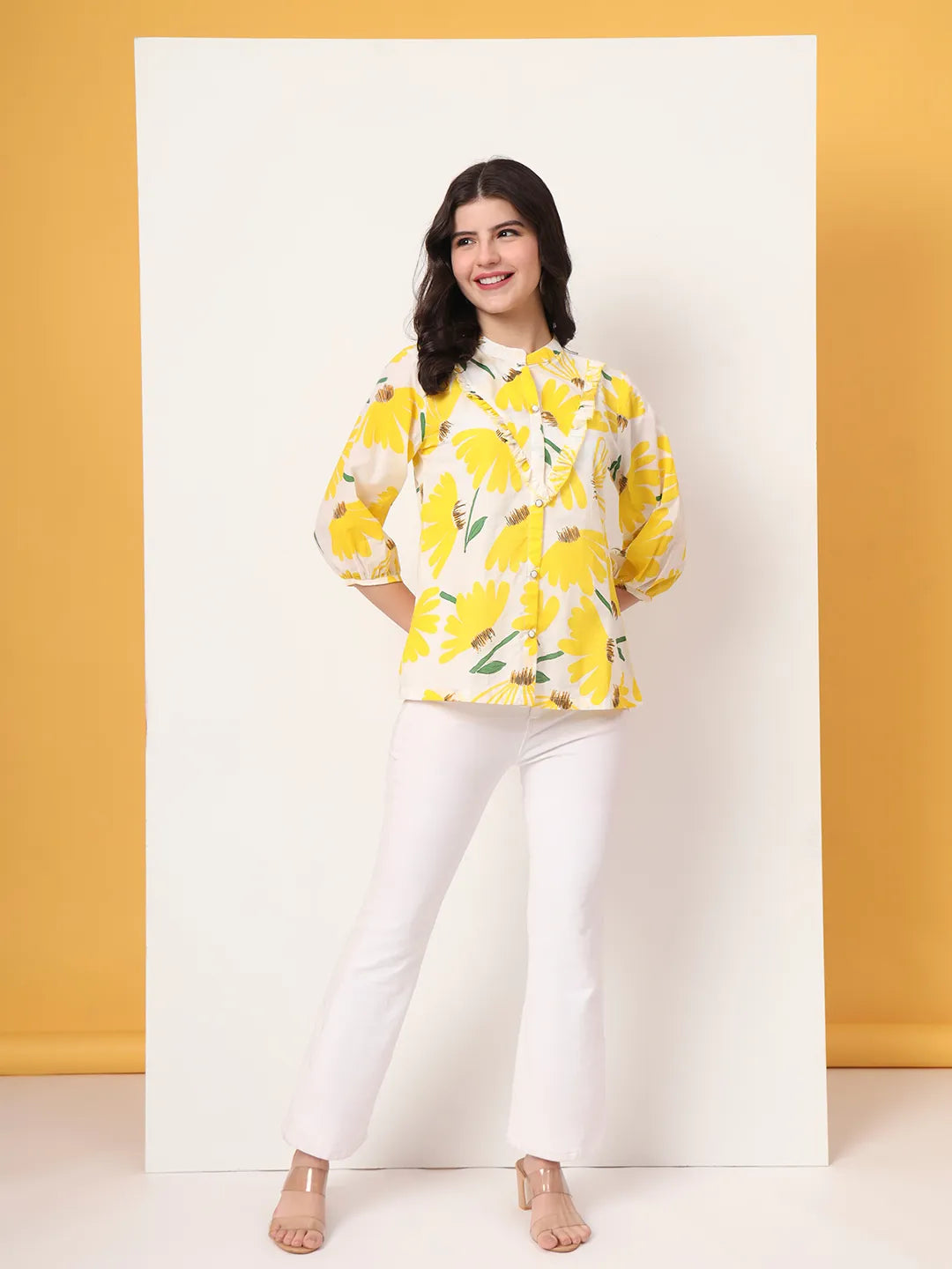 Yellow Cotton Mandarin Collar Shirt Style Top