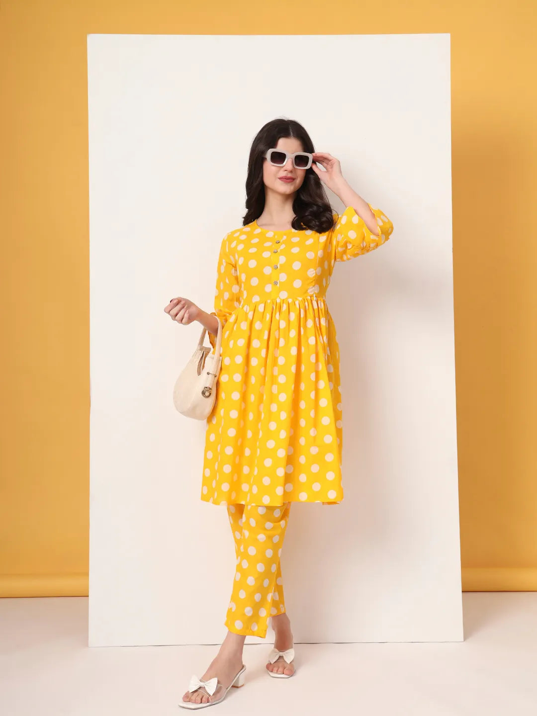 Yellow Cotton Maternity Gathered Or Pleated Kurta Pants Set