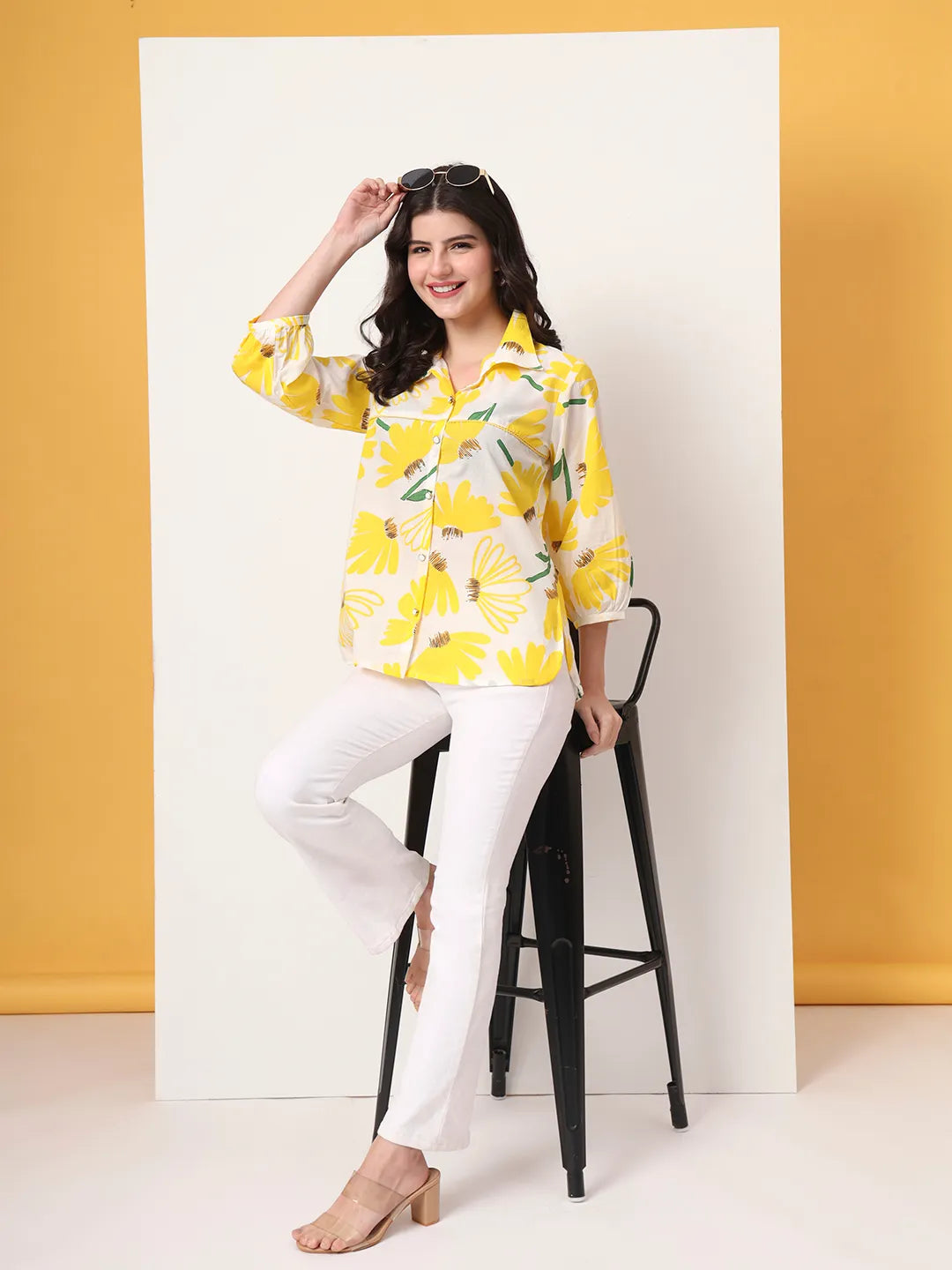 Yellow Cotton Shirt Collar Shirt Style Top