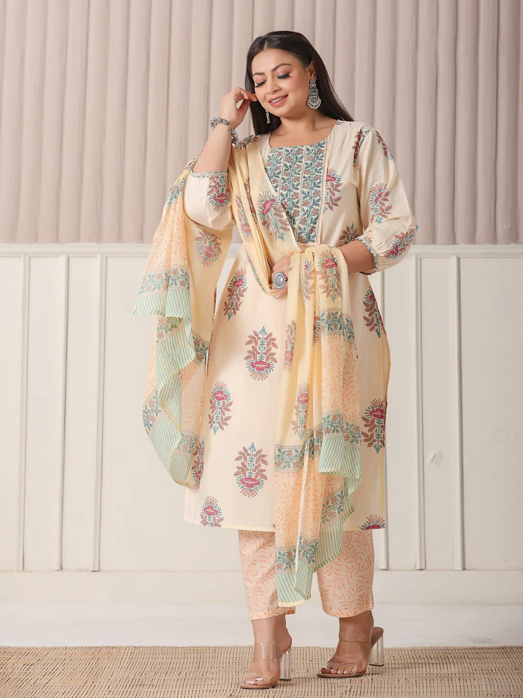 Yellow Floral Print Cotton Sequins Work Plus Size Kurta Set With Pant & Dupatta