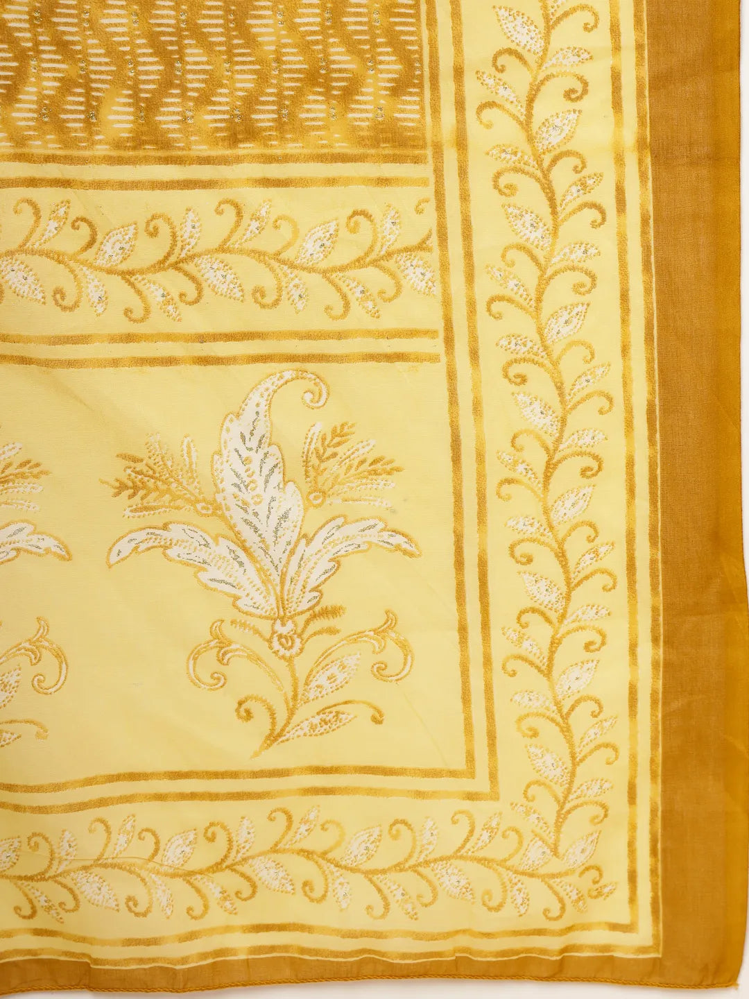 Yellow Floral Print Thread-Work Straight Kurta Trouser Dupatta Set