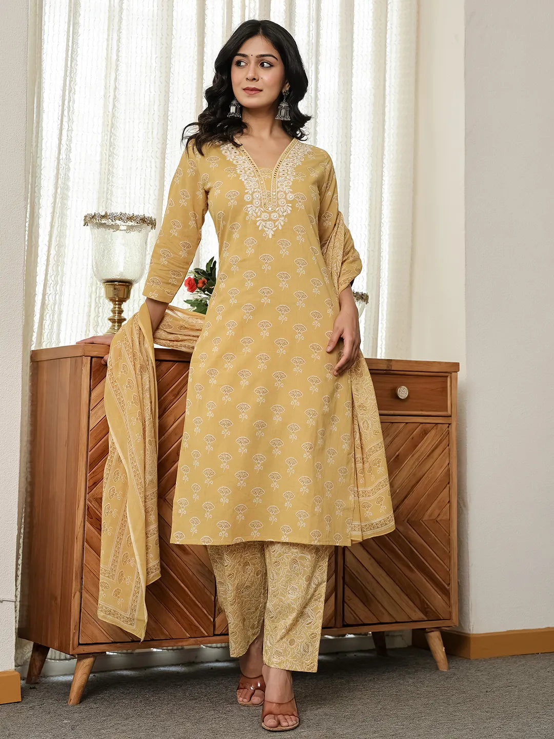Yellow Floral Thread Work Straight Kurta Trouser Dupatta Set