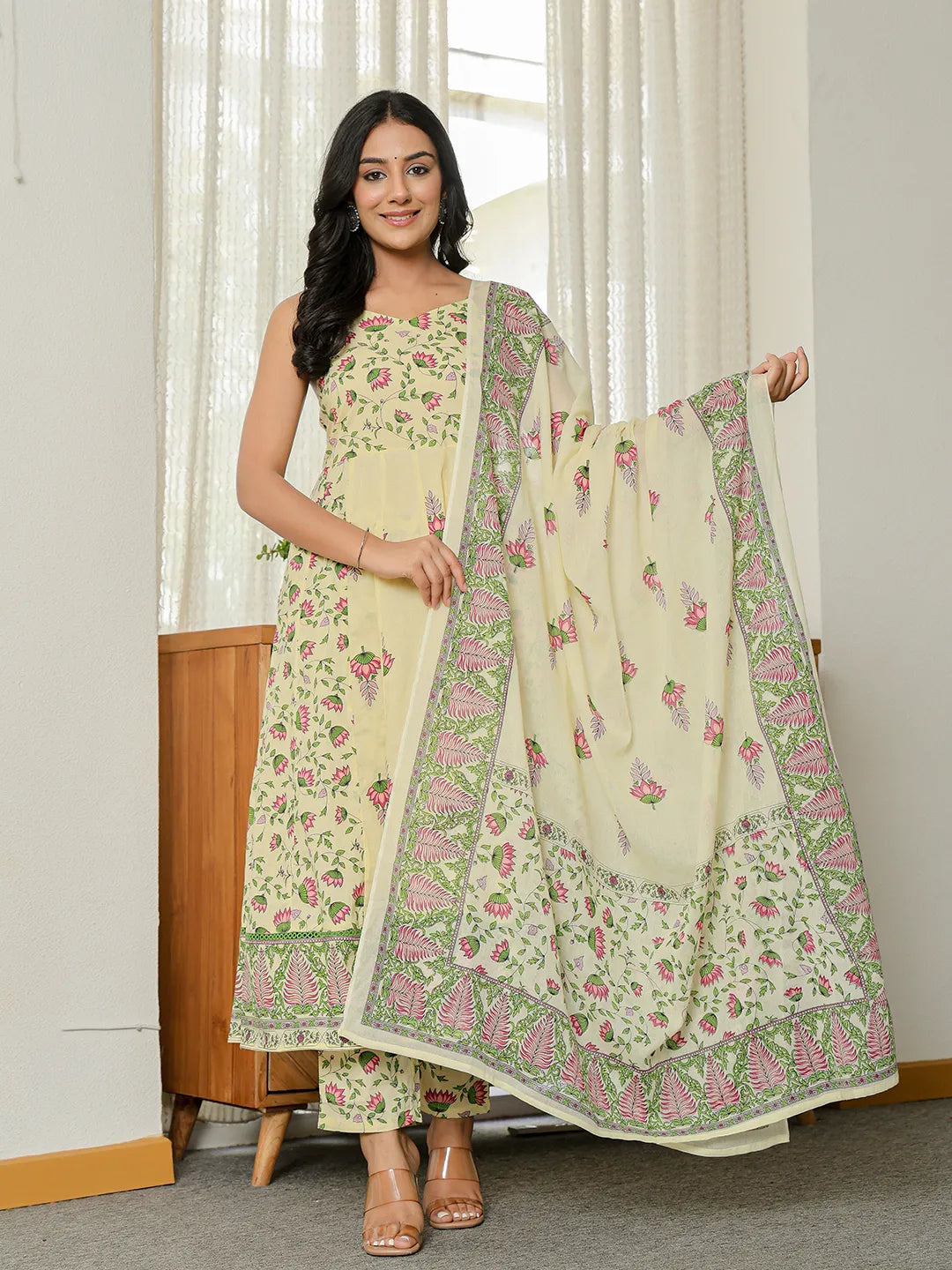 Yellow Pure Cotton Sleeveless Strappy Anarkali Kurta Dupatta Set