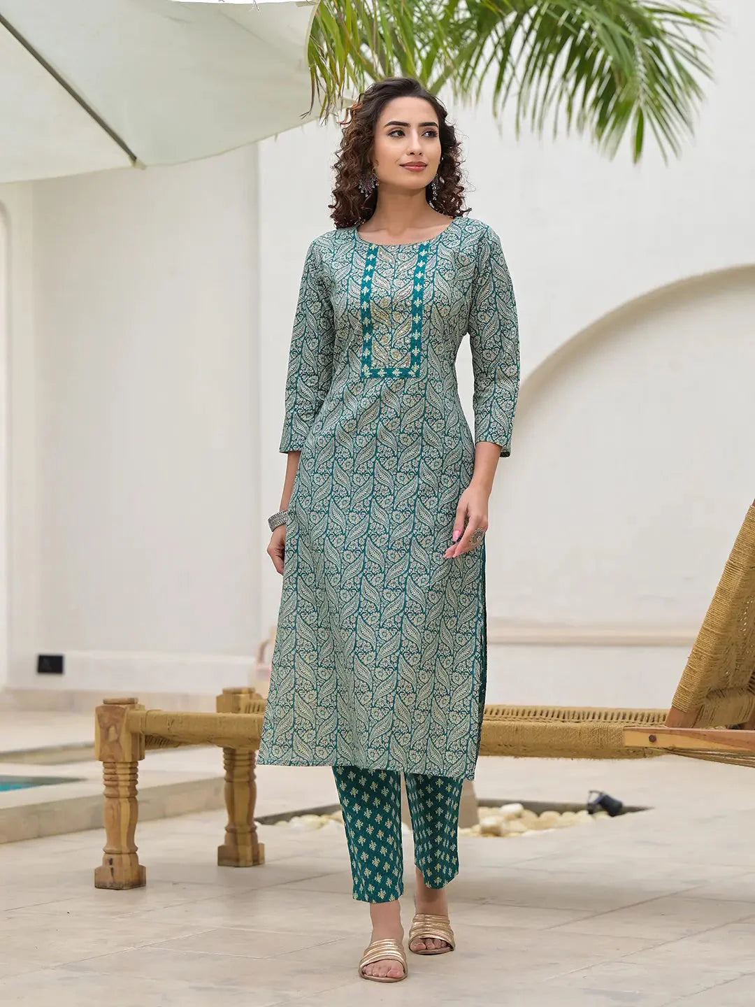 Embroidered Printed Teal Green Cotton Kurta Set With Dupatta Set