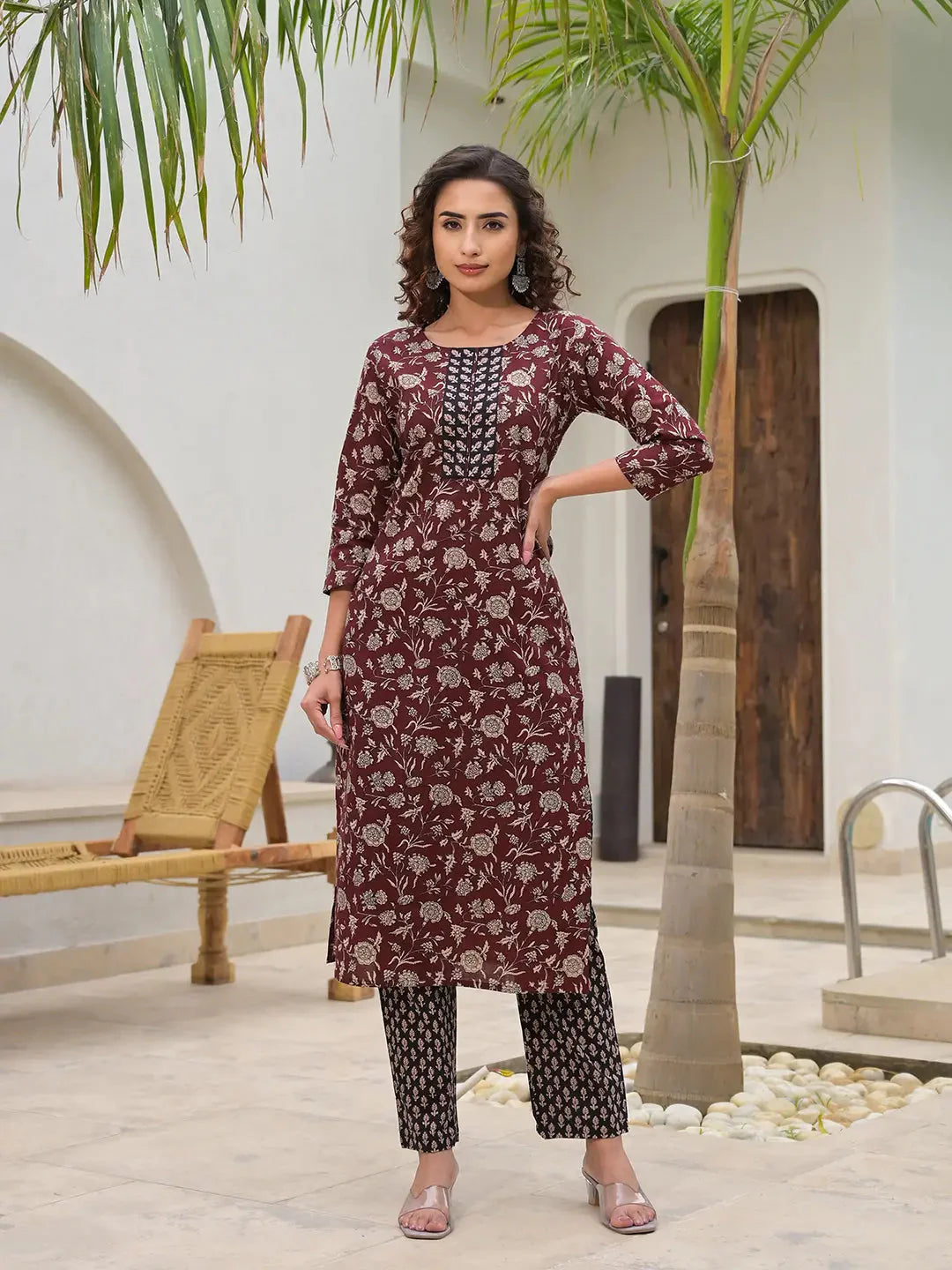 Piping On Yoke Floral Print Maroon Cotton Kurta Set With Dupatta Set