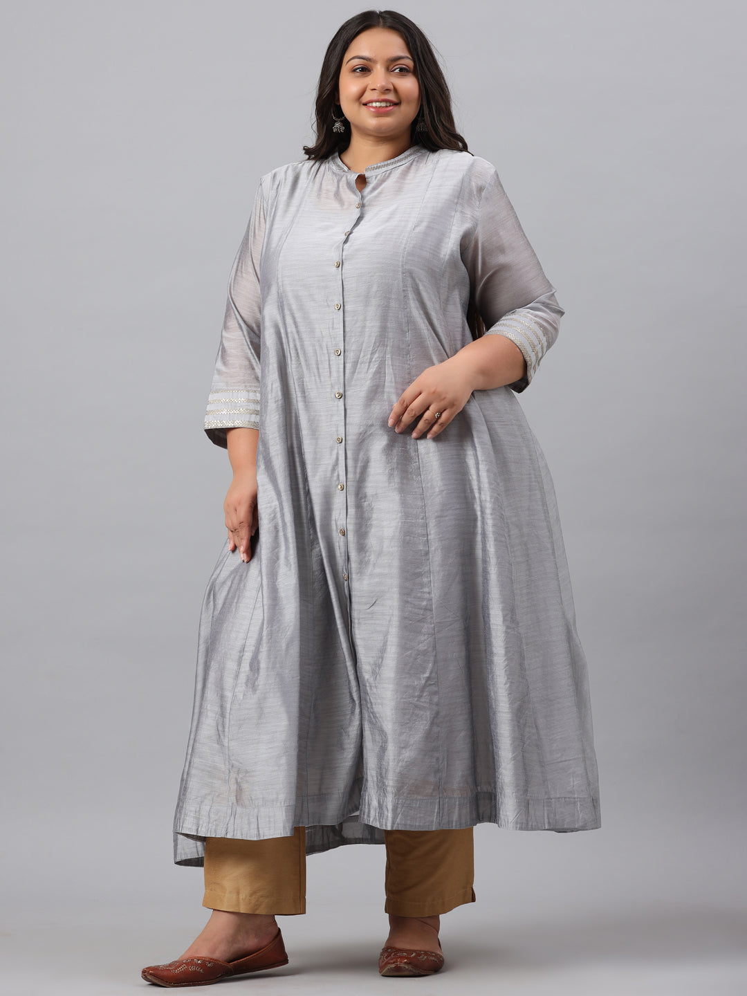 Grey Chanderi Silk Solid Anarkali Kurta with Inner