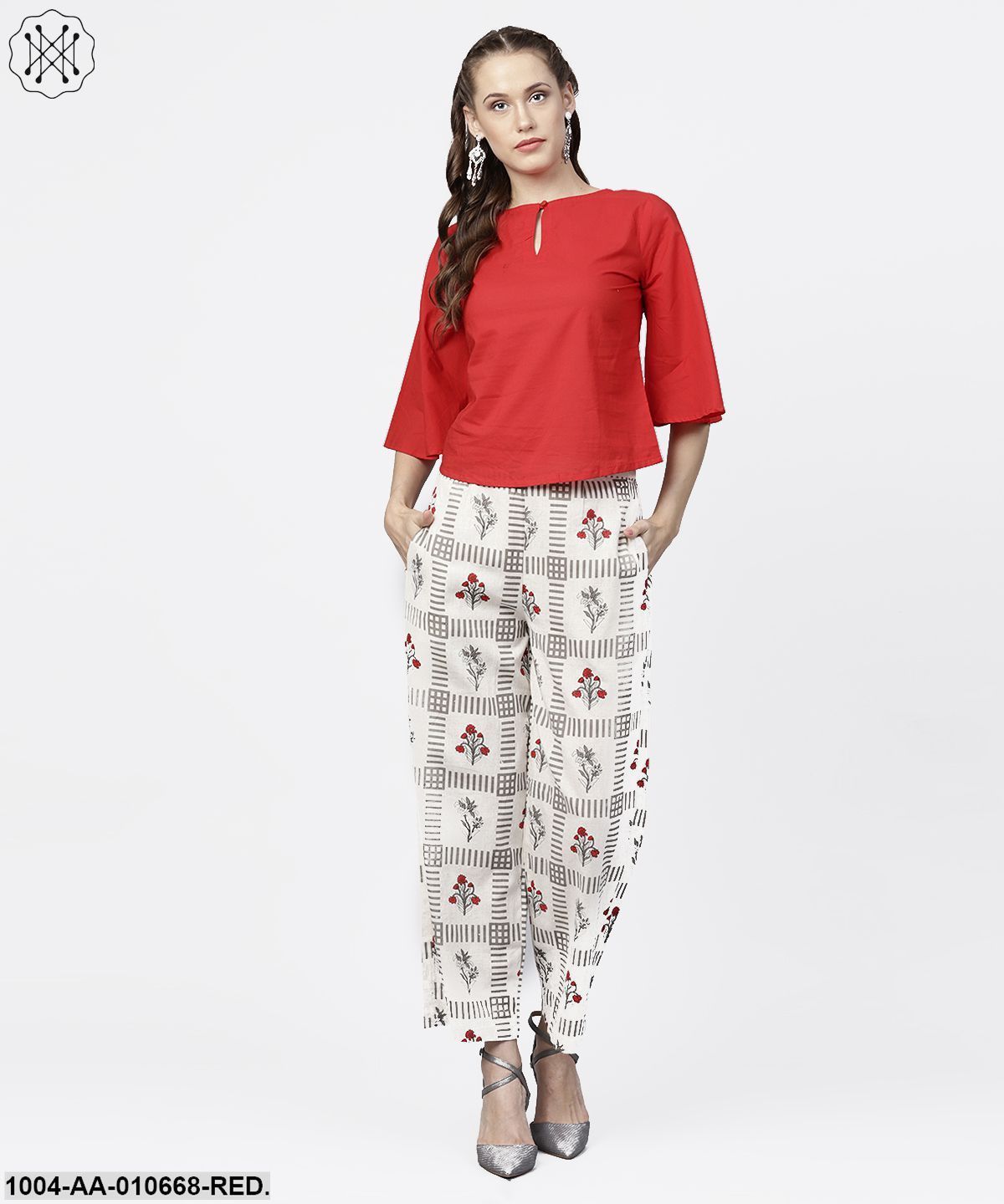 Red 3/4Th Sleeve Tops With Off White Printed Palazzo
