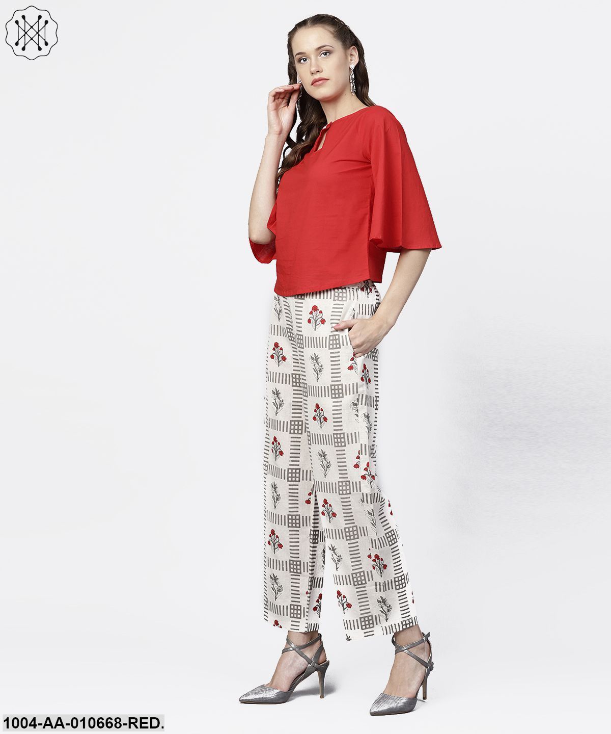 Red 3/4Th Sleeve Tops With Off White Printed Palazzo