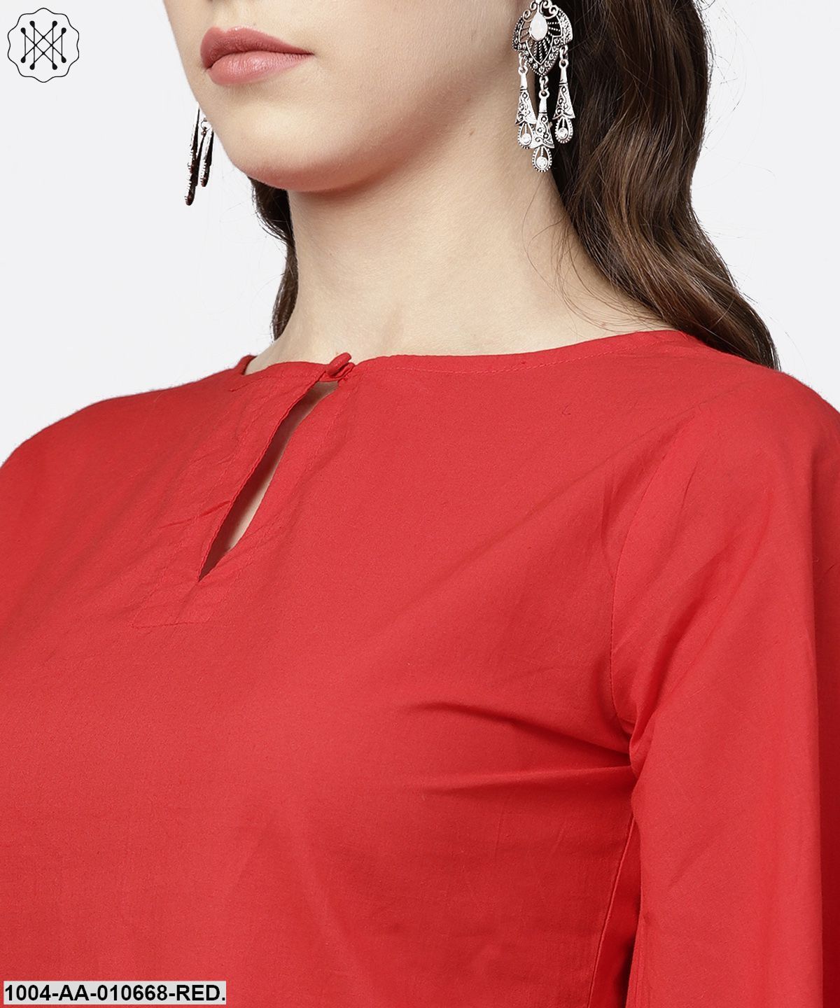 Red 3/4Th Sleeve Tops With Off White Printed Palazzo