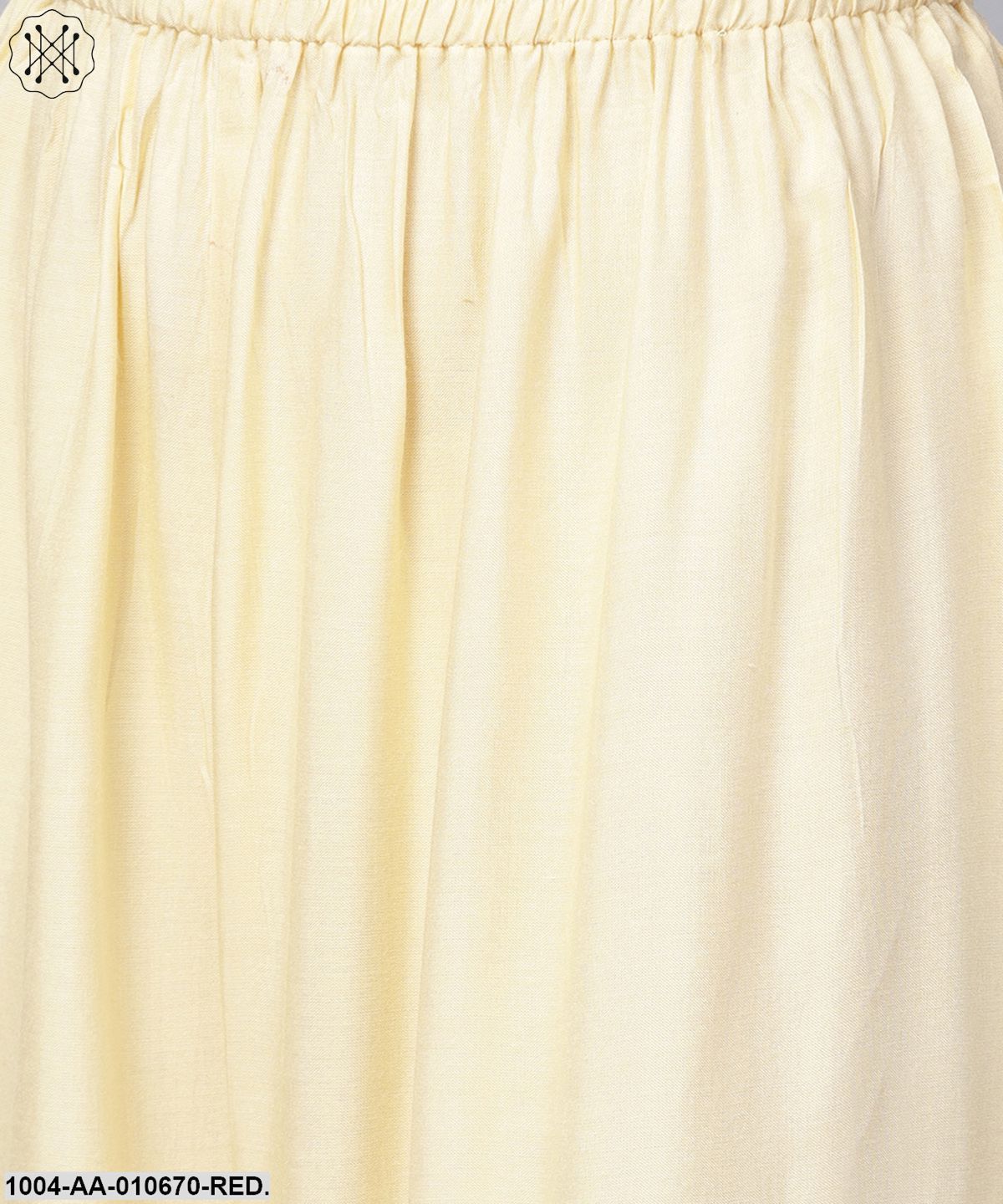 Red 3/4Th Sleeve Short Cotton Flared Sleeve Top With Beige Ankle Length Regular Fit Palazzo