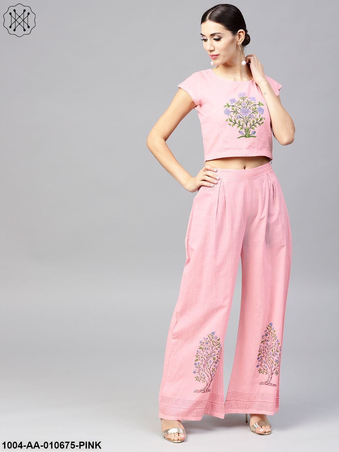 Pink Cap Sleeve Block Printed Cotton Crop Top With Block Printed Palazzo