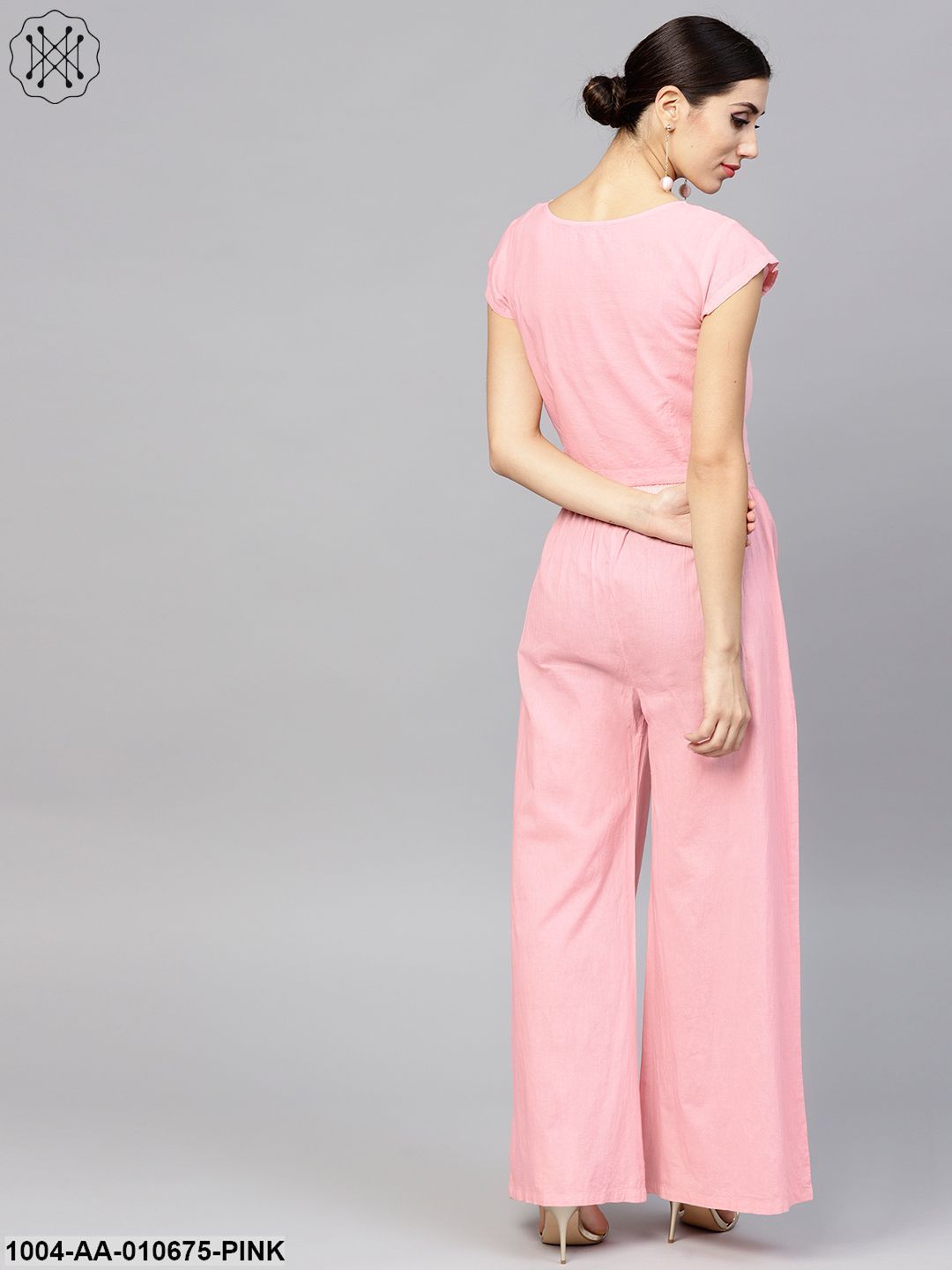 Pink Cap Sleeve Block Printed Cotton Crop Top With Block Printed Palazzo
