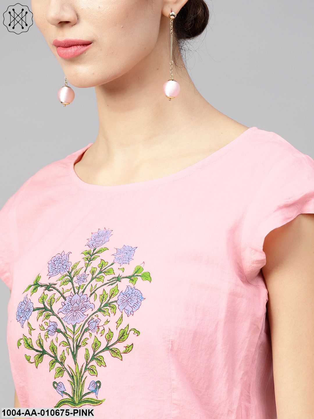 Pink Cap Sleeve Block Printed Cotton Crop Top With Block Printed Palazzo