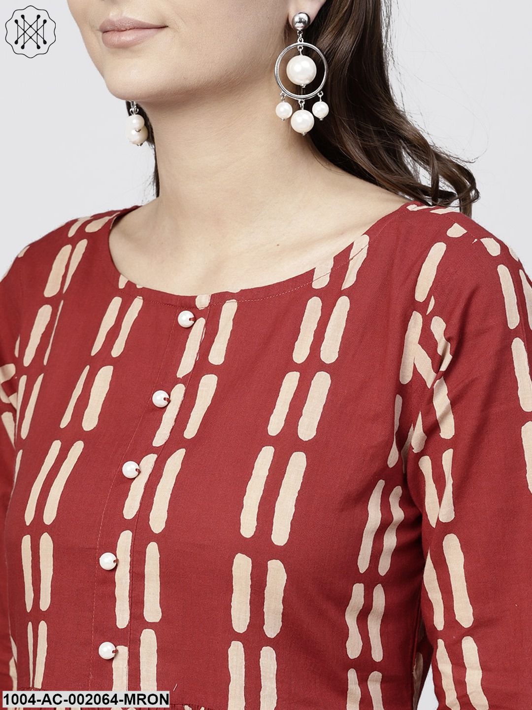 Maroon Printed Cotton Maxi Dress With 3/4 Sleeve Embellished With Pearls
