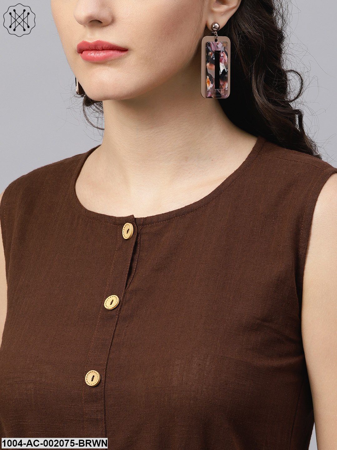 Round Neck Brown Maxi Dress With Front Placket And Belt