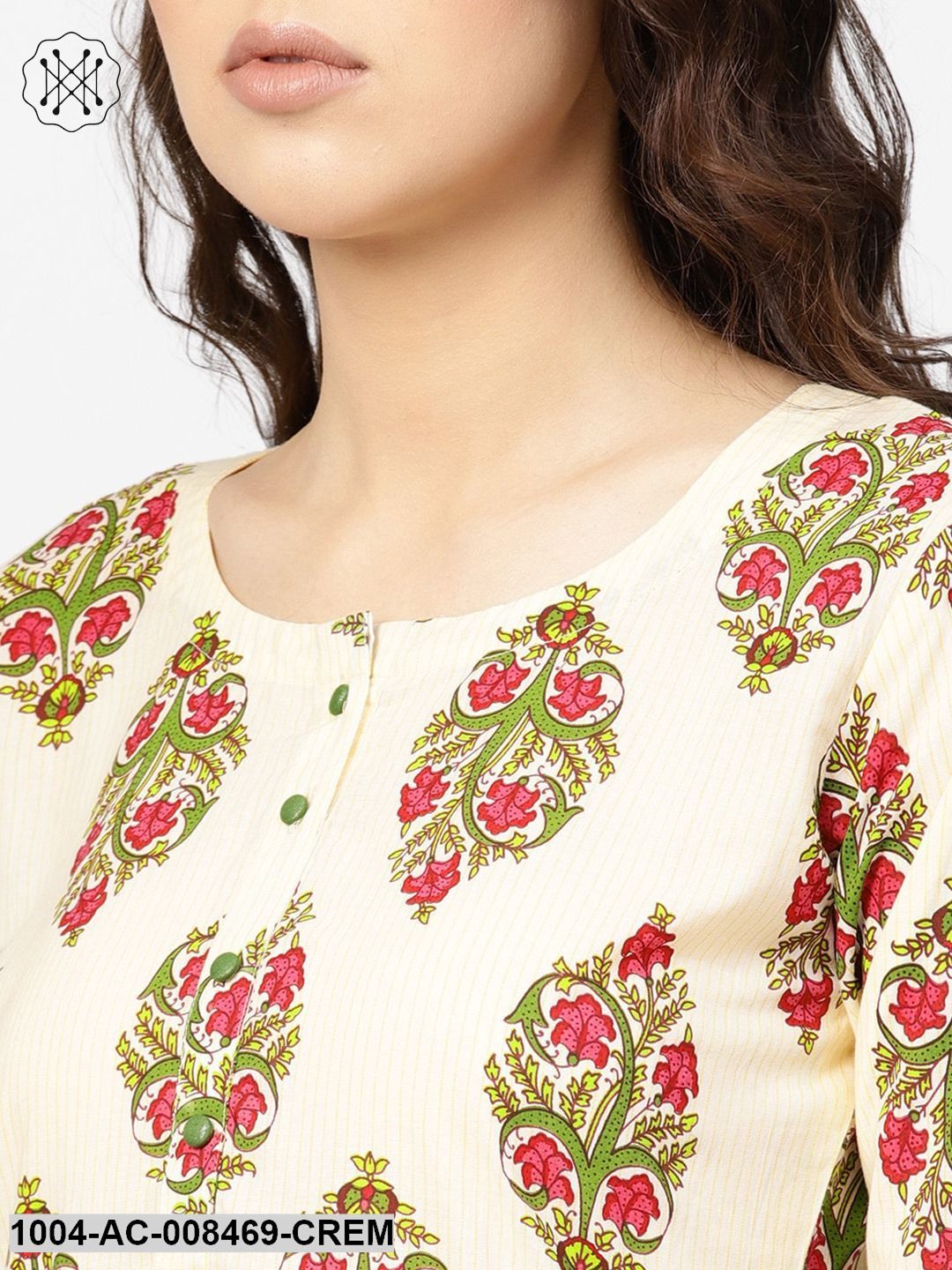 Cream Multi Colored Printed Dress With Round Neck & 3/4 Sleeves