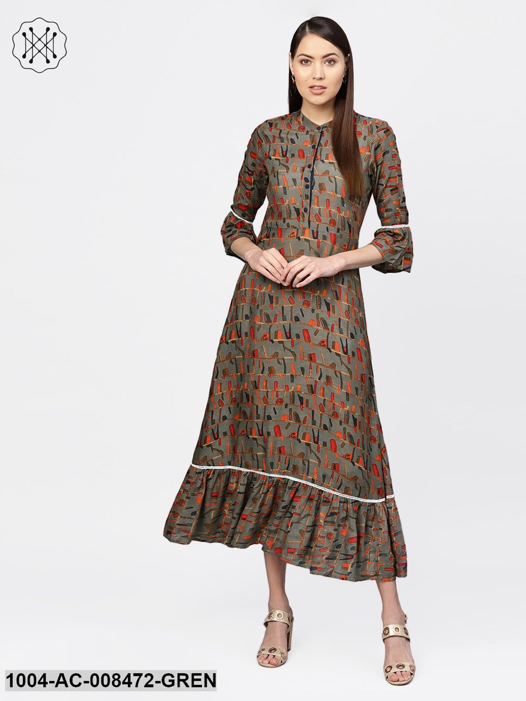 Abstract Multi Printed Chinese Collared Dress With Gathered Look At Hemline