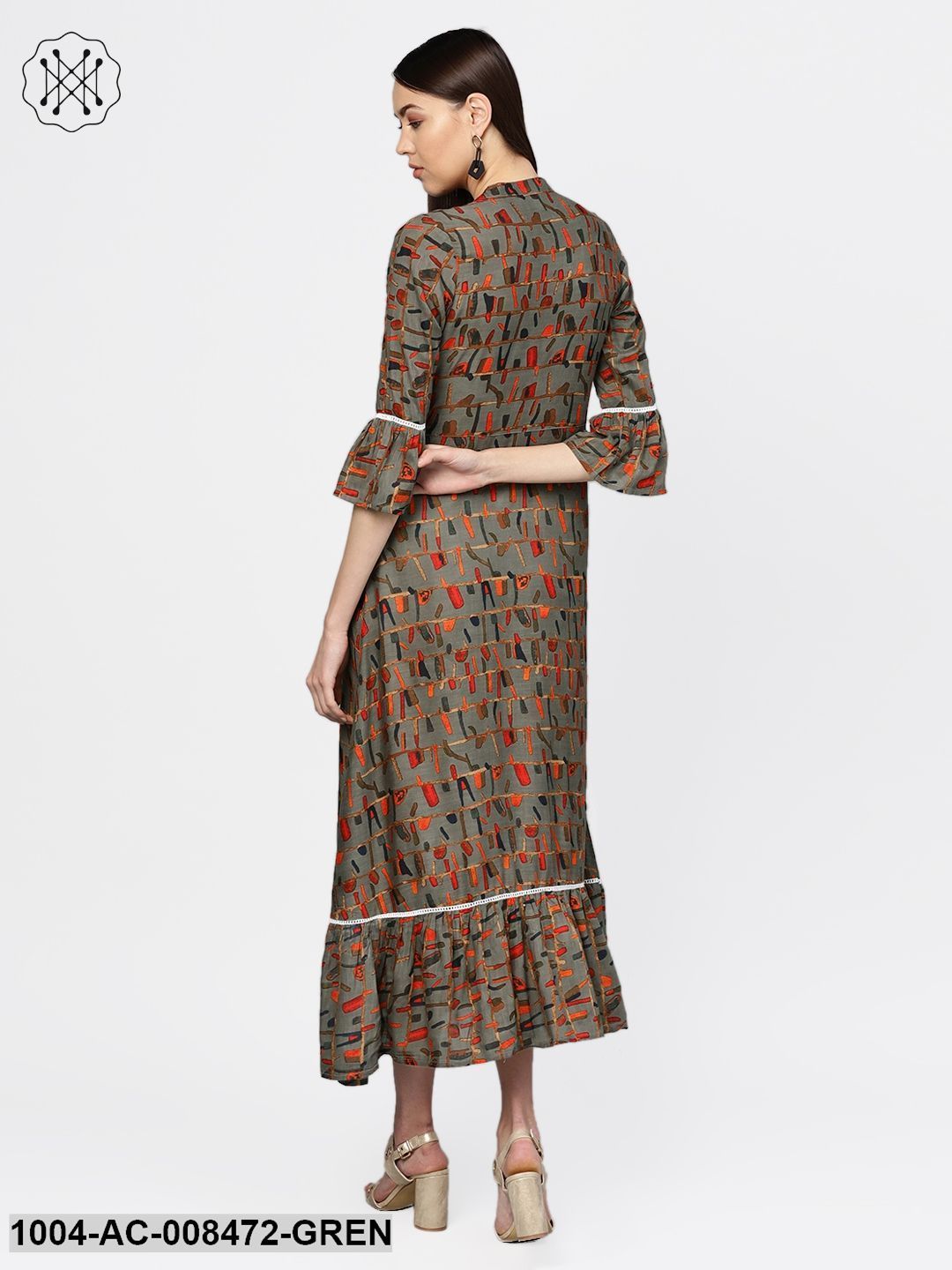 Abstract Multi Printed Chinese Collared Dress With Gathered Look At Hemline