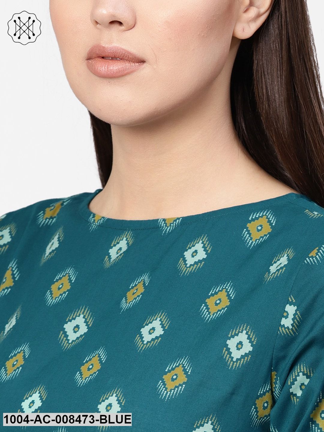 Blue Ikkat Printed Boat Neck Side Pleated 3/4Th Sleeve Maxi Dress