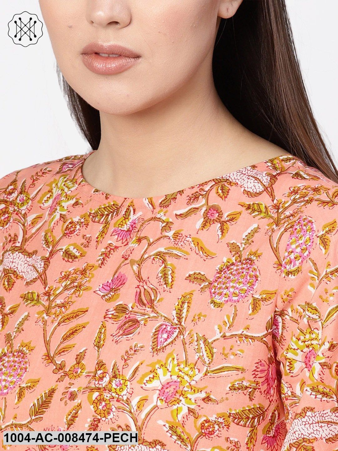 Peach Floral Printed Bell Sleeves Gathered Maxi Dress