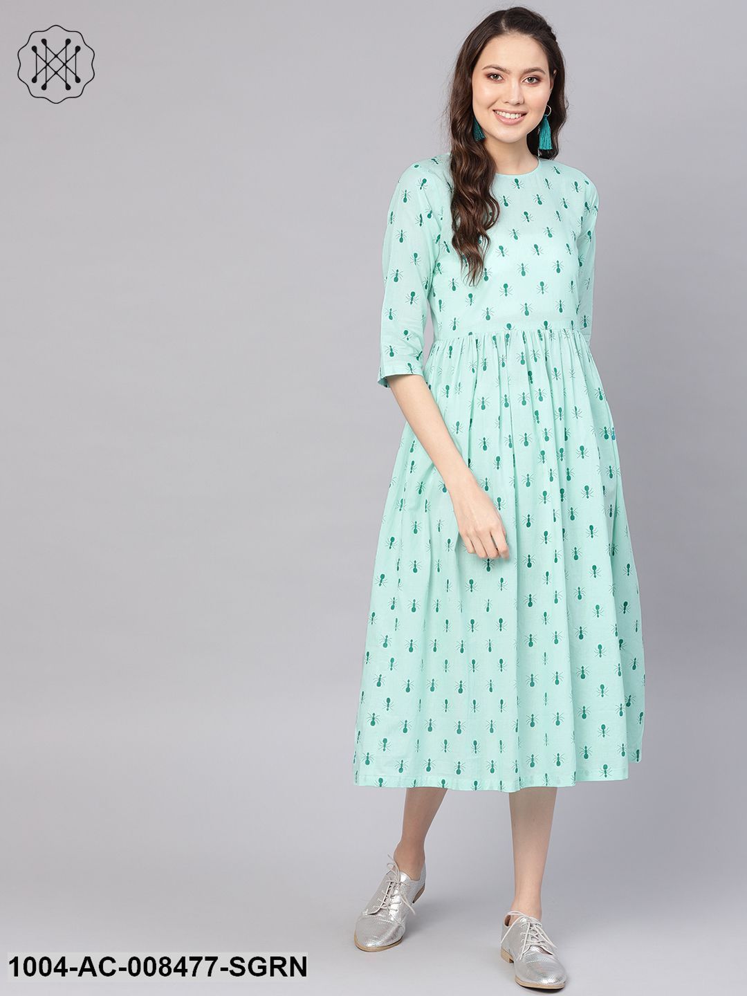 Pastel Green Quirky Printed Round Neck & 3/4 Sleeves Maxi Dress