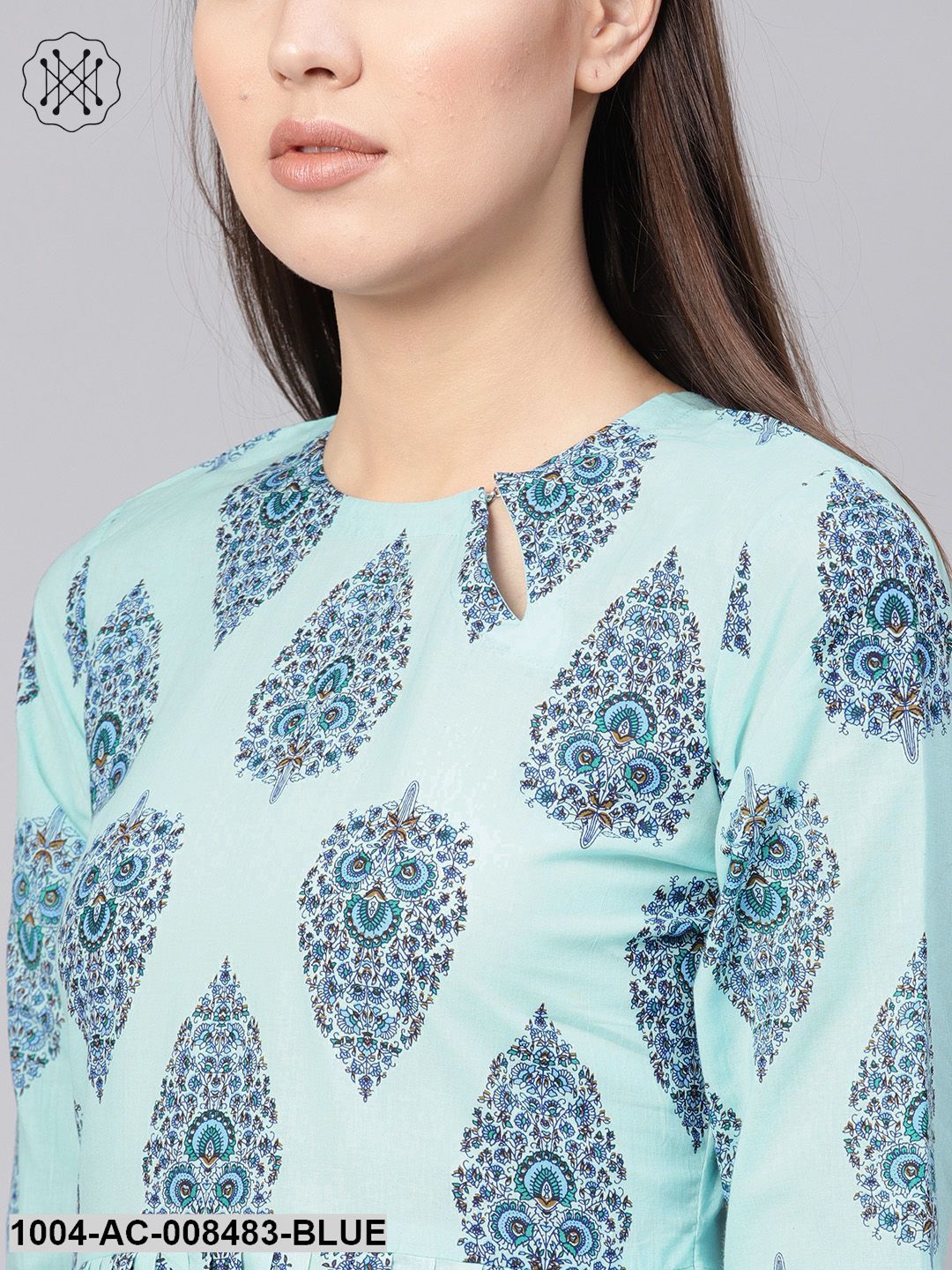 Pastel Blue Floral Motifs Printed 3/4Th Sleeve Cotton Maxi Dress