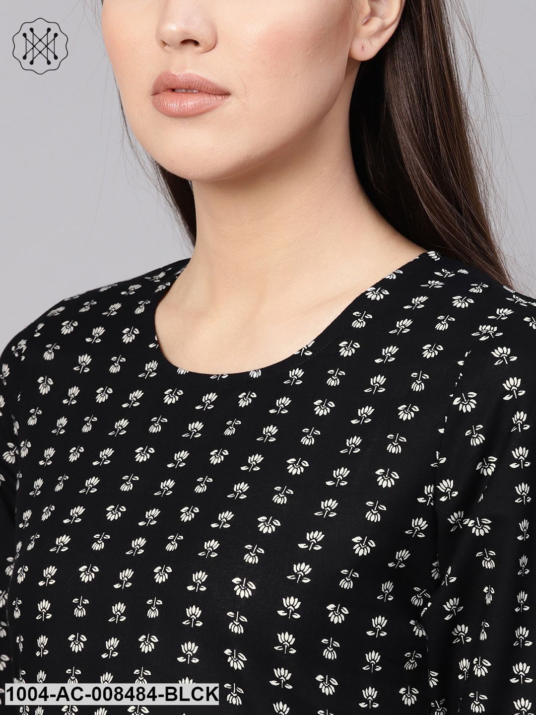 Black Printed Round Neck 3/4Th Sleeves Midi Gathered Dress