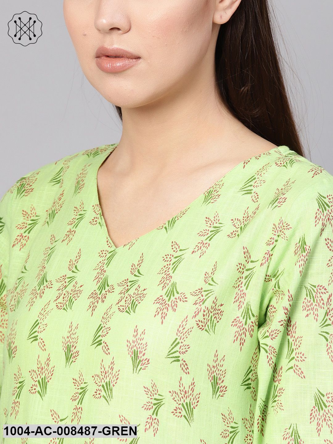 Green Floral Printed V-Neck 3/4Th Sleeves Midi Gathered Dress