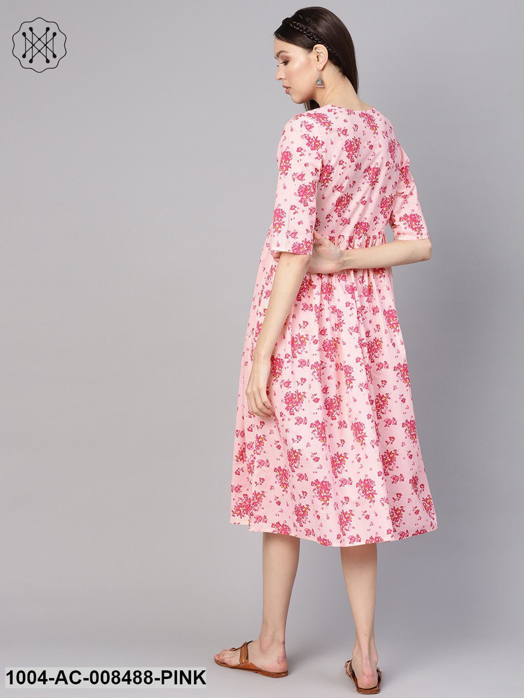 Pink Floral Printed V-Neck 3/4Th Sleeves Midi Gathered Dress